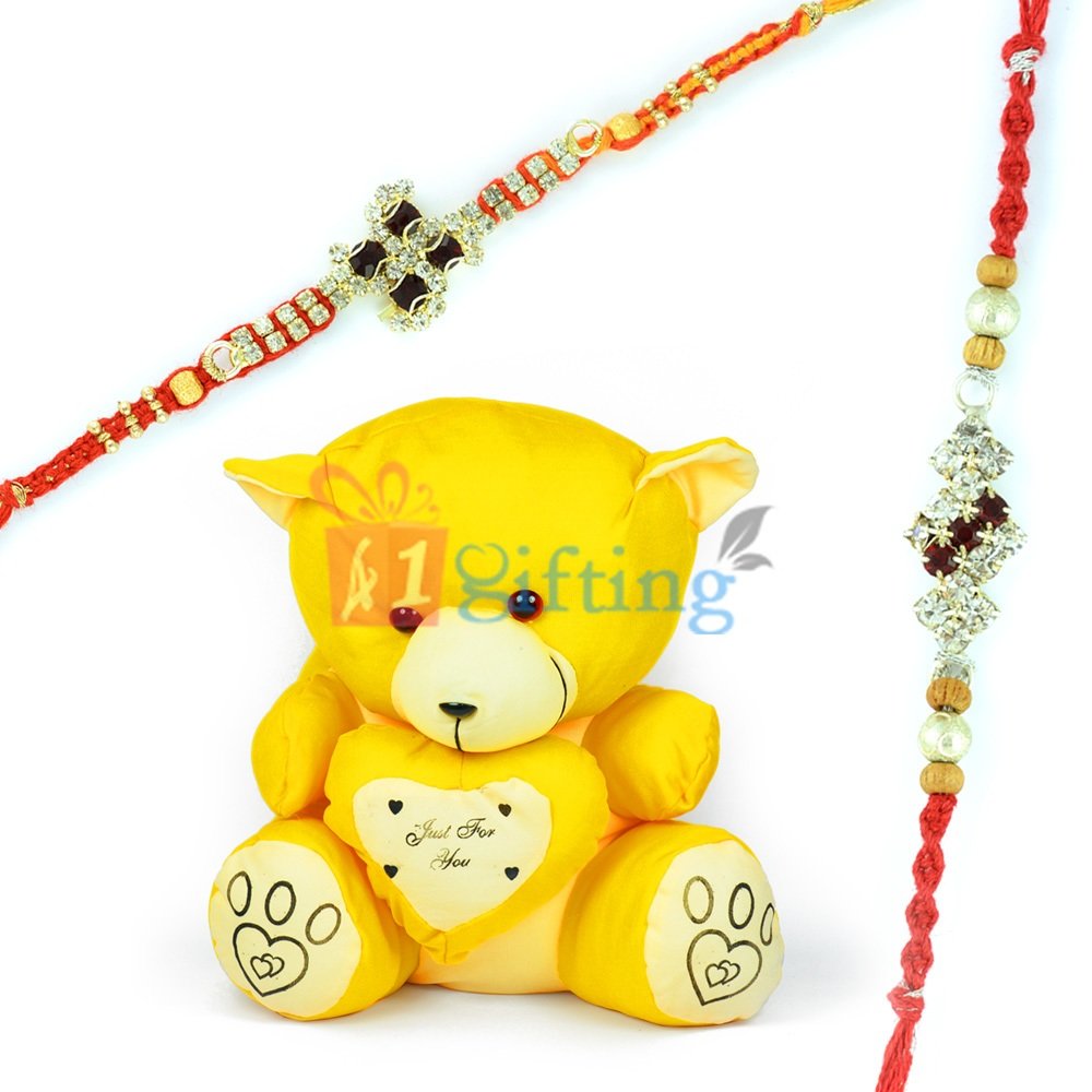 Little Yellow Heart Teddy Bear Kid Toy with 2 Diamond Rakhis