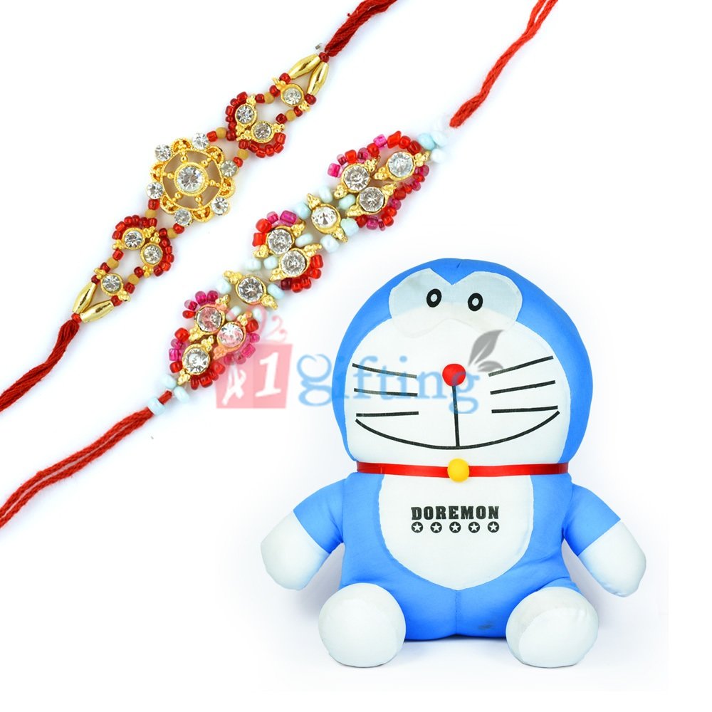 Stuffed Doraemon Soft Toy with 2 Jewel Rakhis