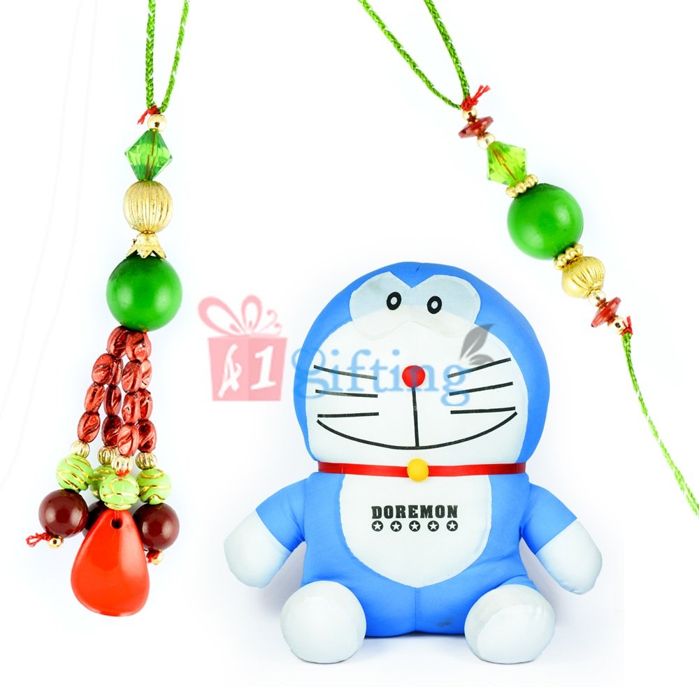 Stuffed Doraemon Soft Toy and Beads Bhaiya Bhabhi Rakhis