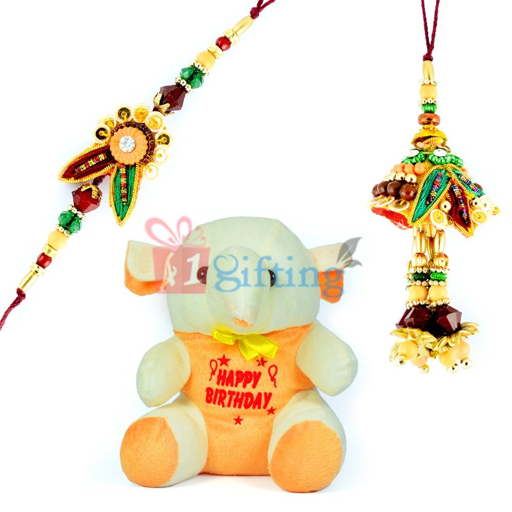 Elephant Stuffed Toy n Awesome Zardosi Beads Bhaiya Bhabhi Rakhi