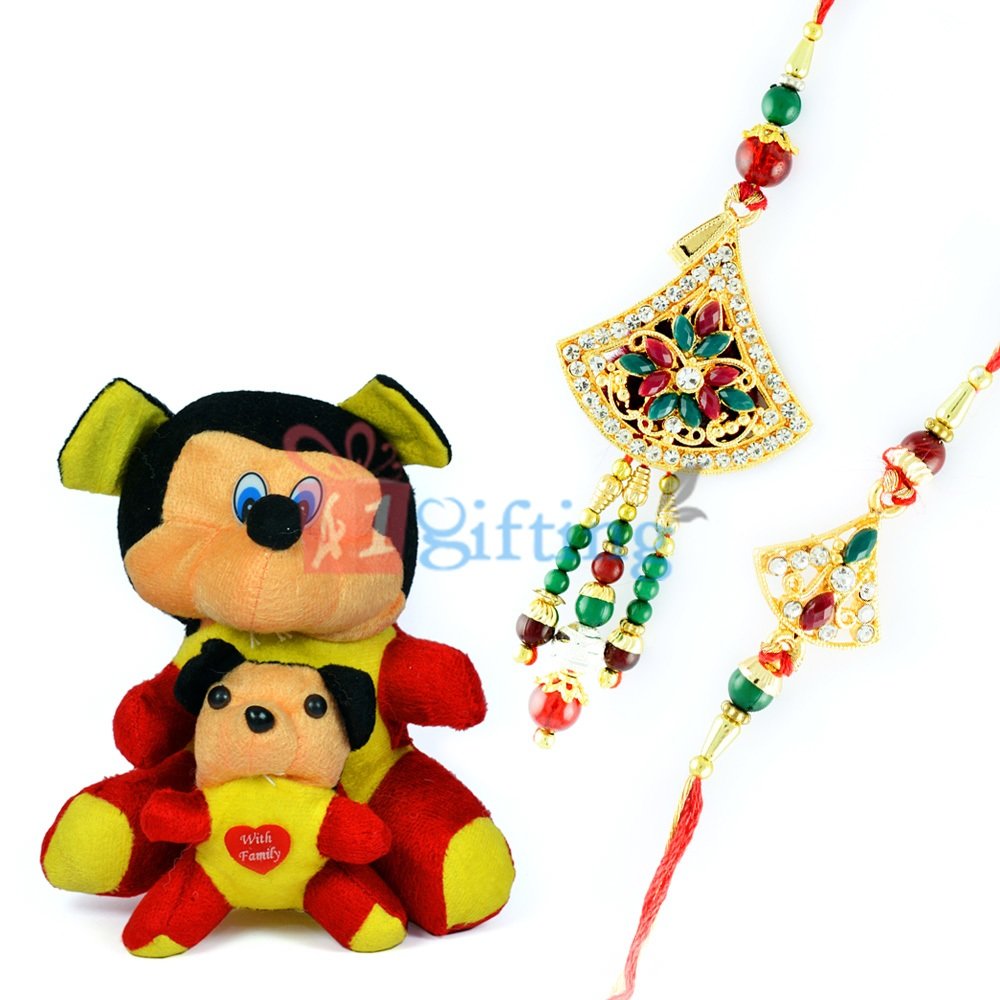 Pair of Stuffed Puppy Toy n Golden Diamond Bhaiya Bhabhi Rakhis