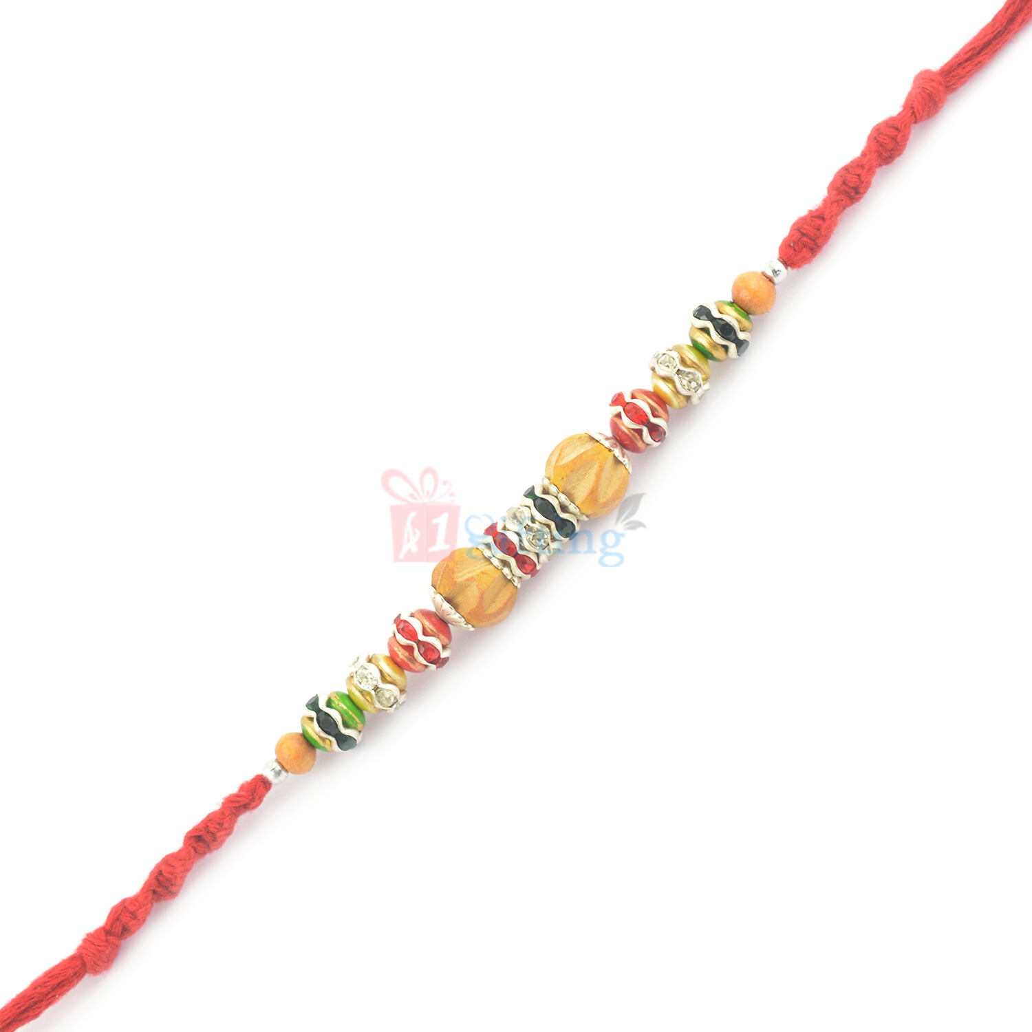 Awesome Carved Sandalwood Silver and Glass Beaded Rakhi