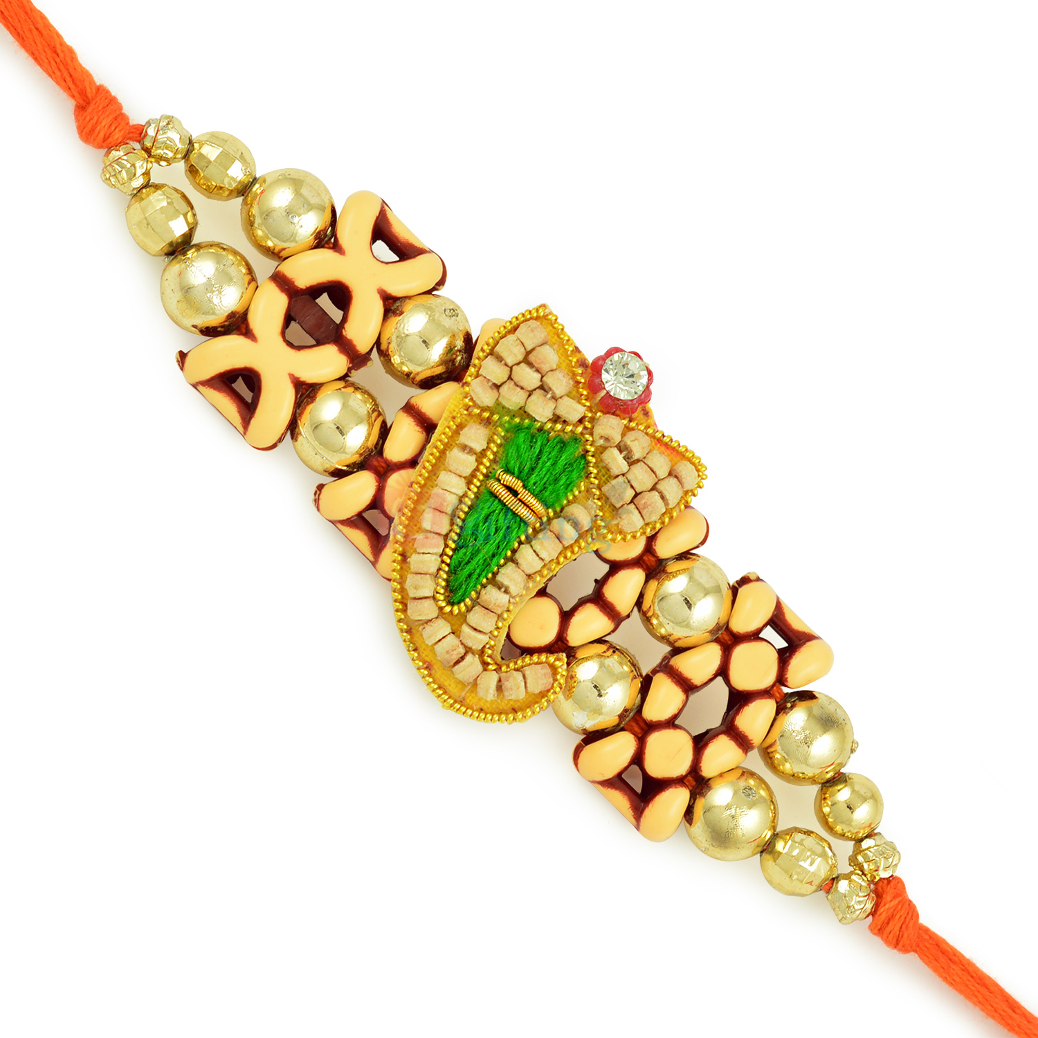 Ganesha Designer Sandalwood Rakhi with Golden Beads