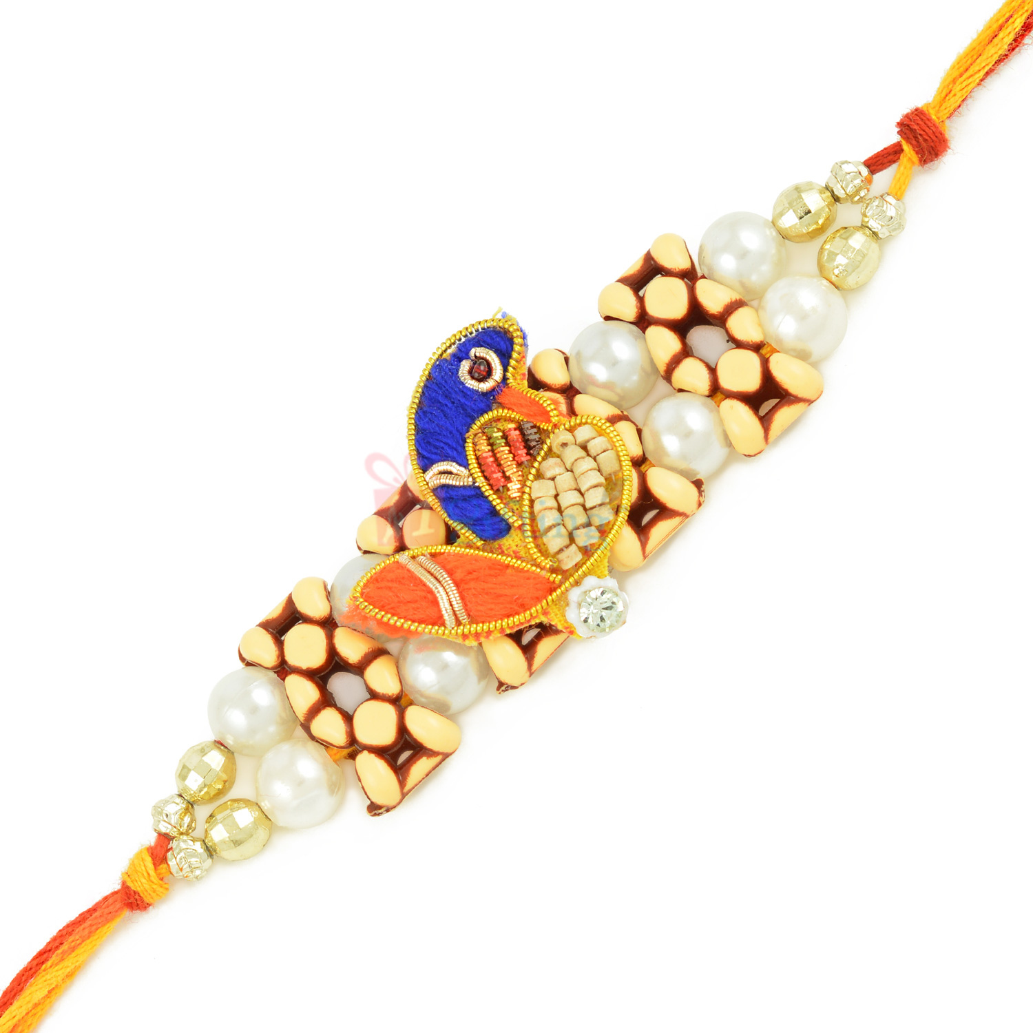 Blue and Red Peacock with Wooden and Pearl Rakhi