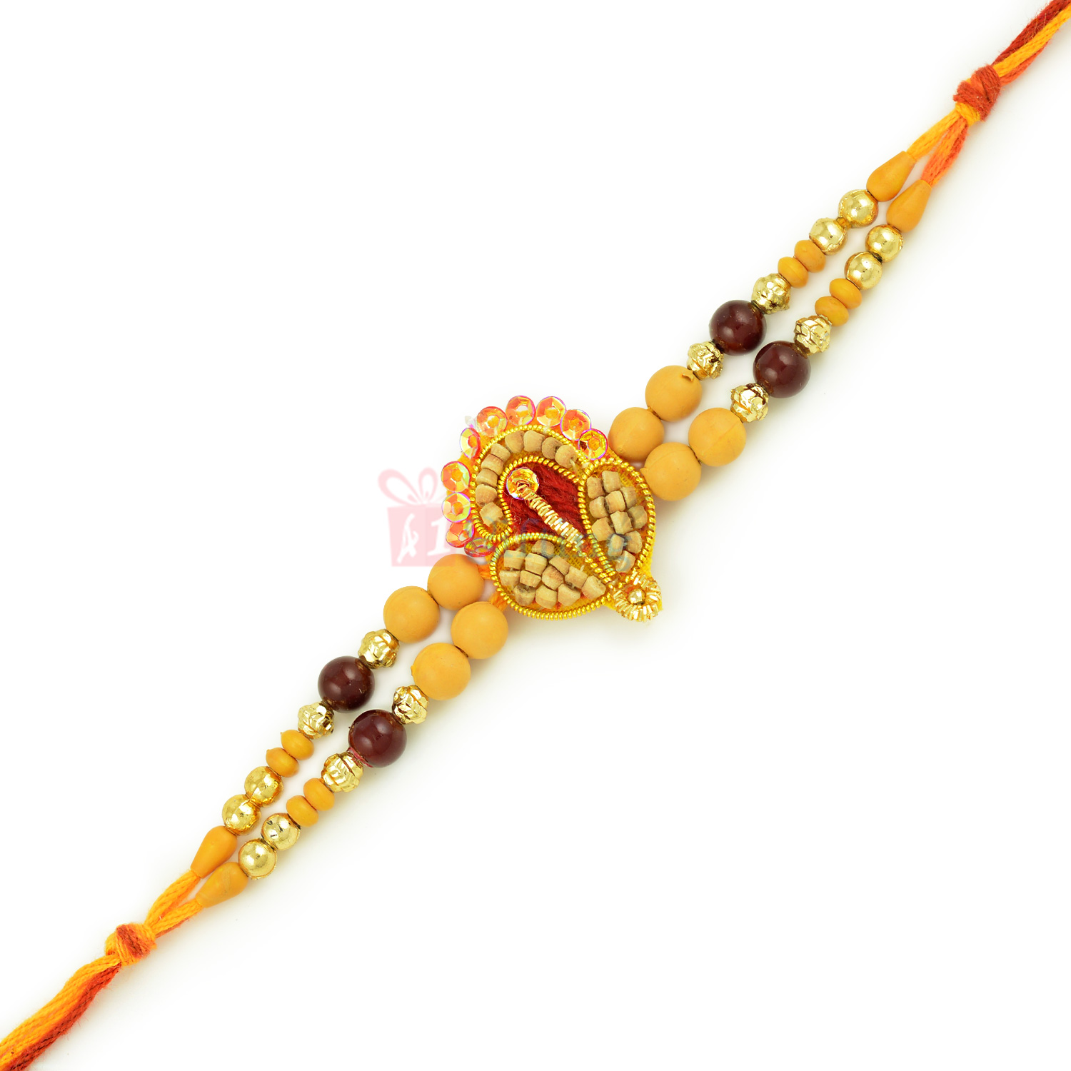 Wooden and Golden Beads Rakhi with Sandal Wood