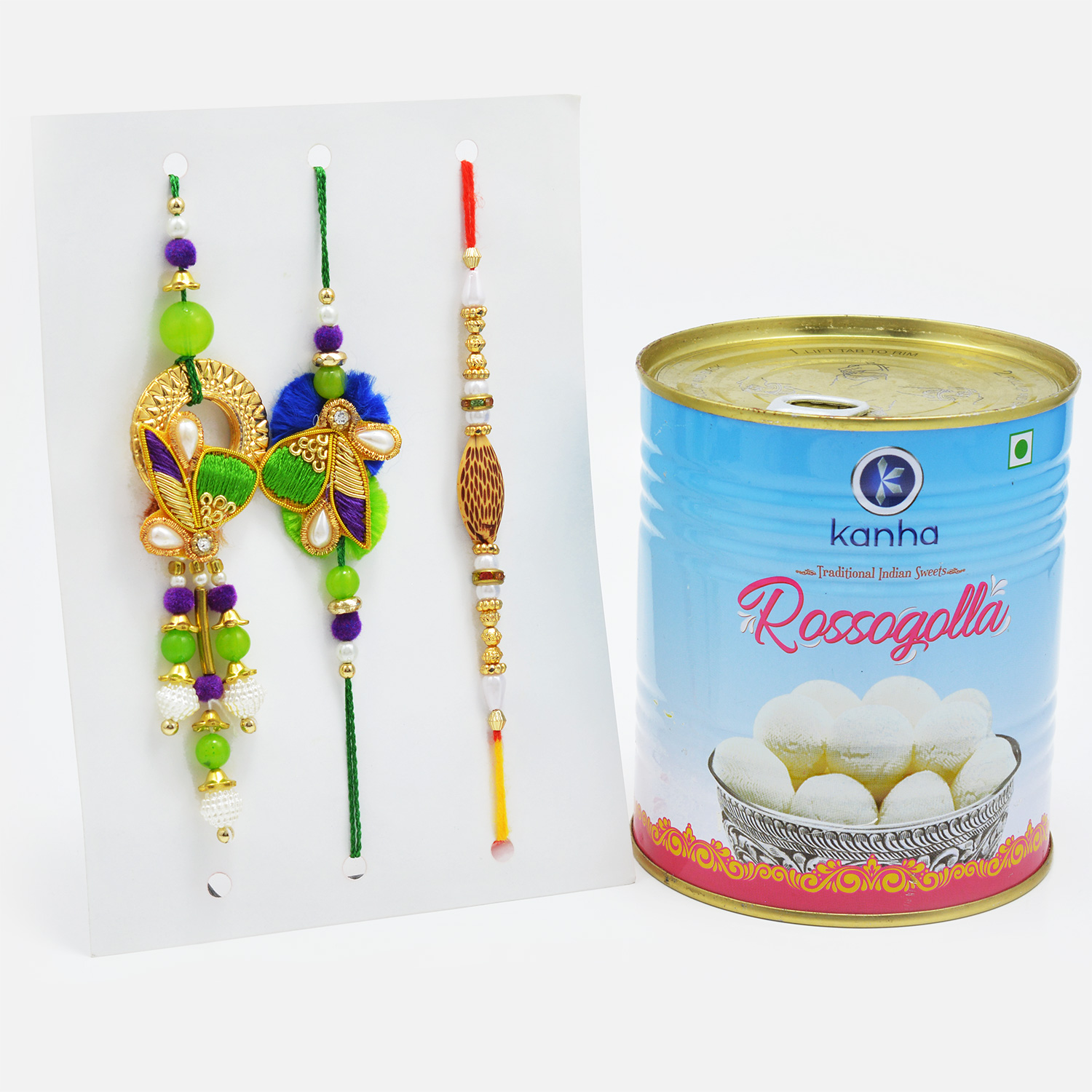 Attractive Bhaiya-Bhabhi and Sandalwood Rakhi Set with Delicious Rasgulla