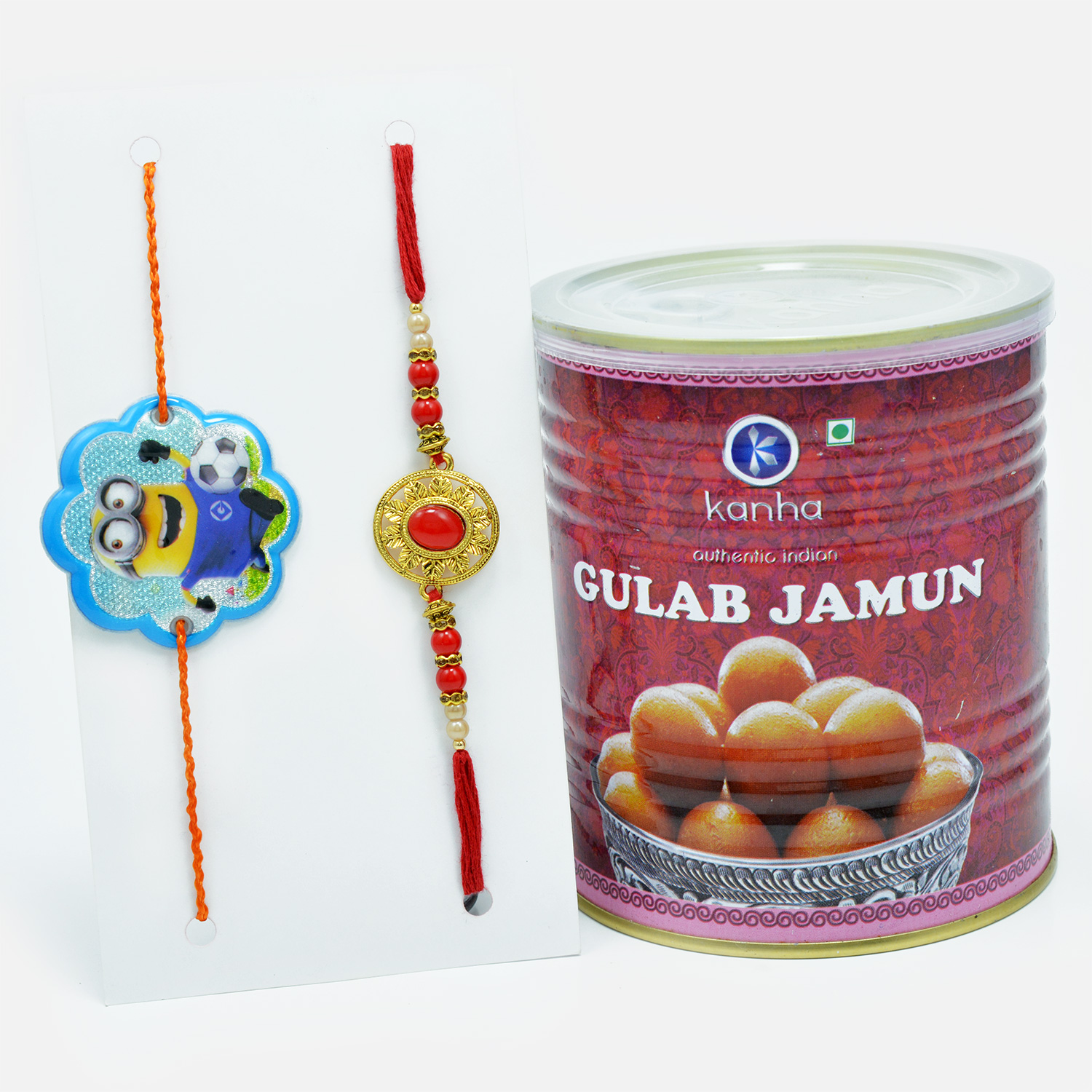 Playing Minion and Red Centered Beads Rakhi Set of 2 with Kanha Gulab Jamun
