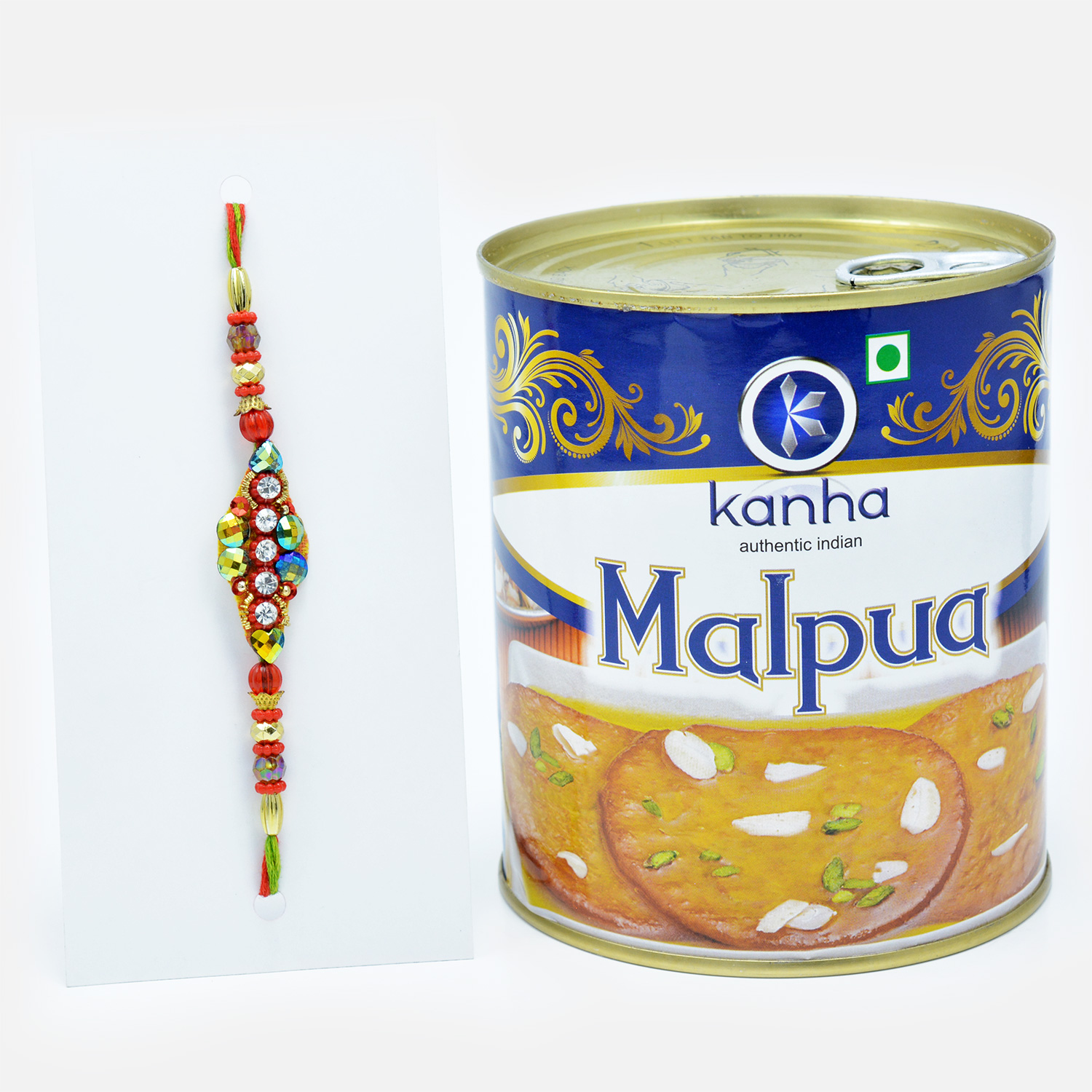 Colourful Beads and Diamonds Rakhi with Tasty Kanha Malpua