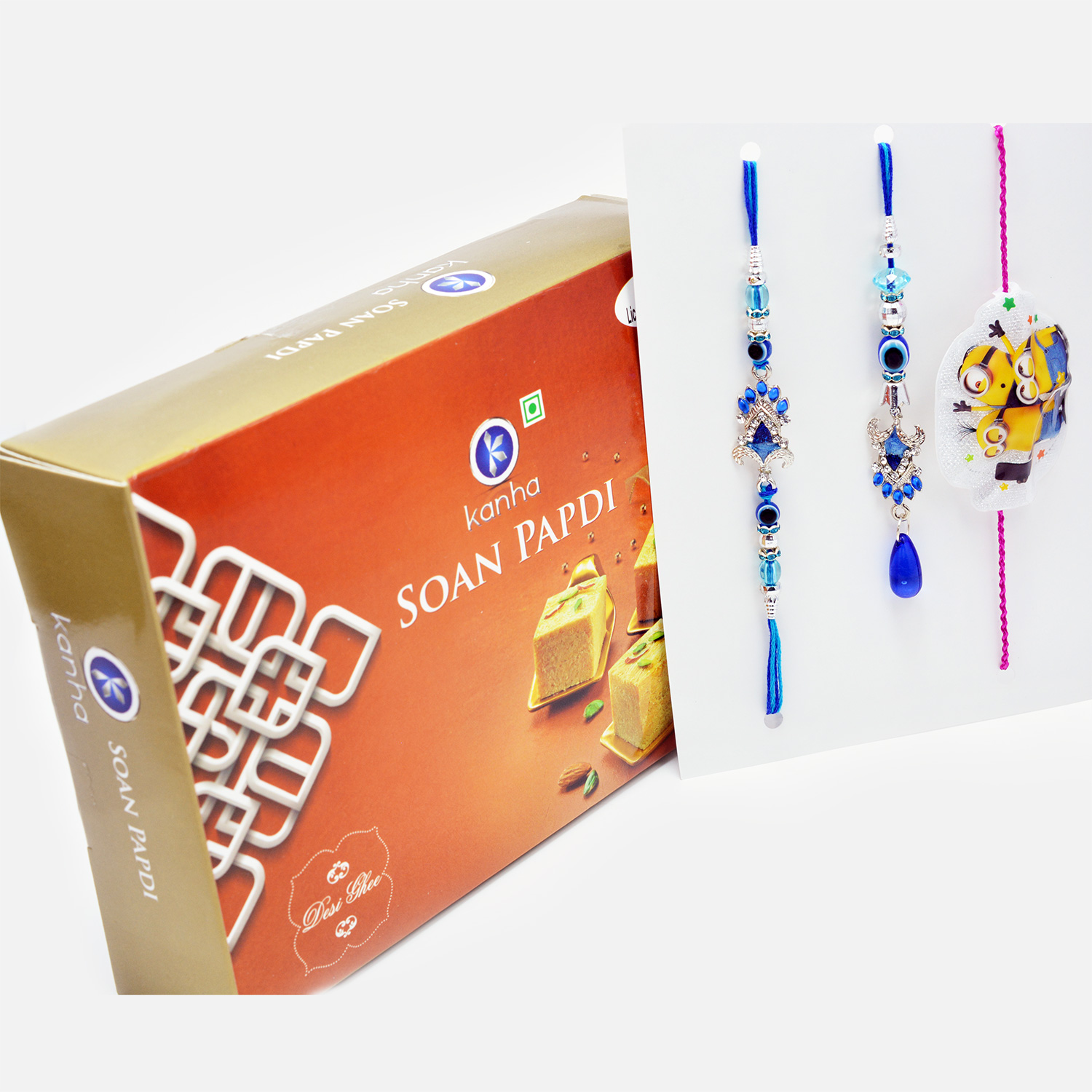 Minions and Oceanic Sapphire Rakhi Set of 3 with Delicious Soan Papdi 