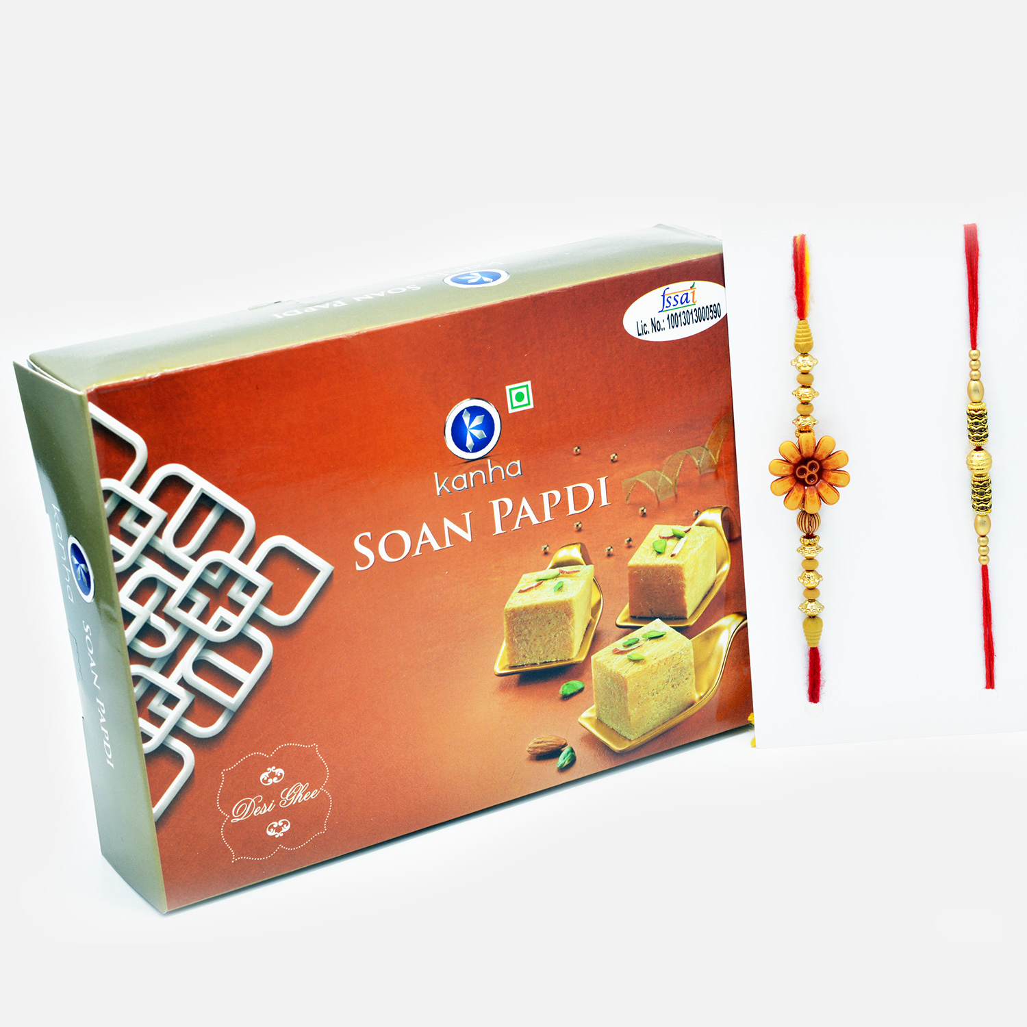 Sandalwood Floral and Golden Rakhi Set of 2 with Tasty Soan Papdi