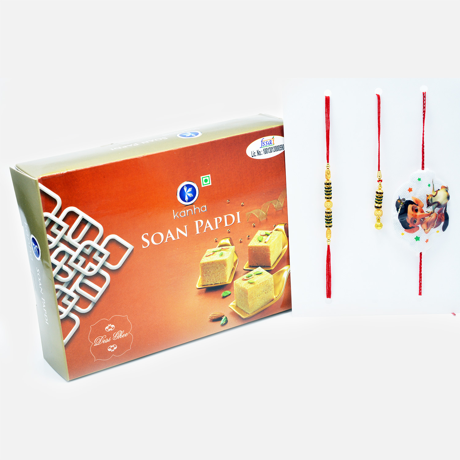 Divine Rakhi Set of 3 with Soan Papdi Combo