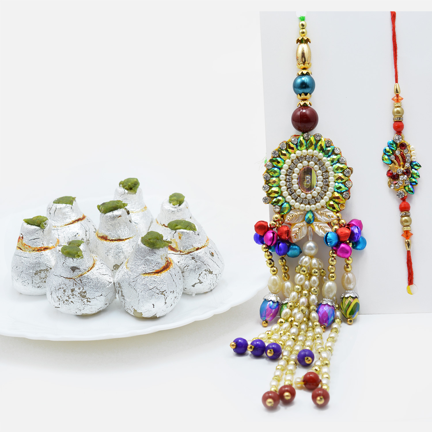 Multi-Coloured Pearls Rakhi Set for Bhaiya-Bhabhi with Flavory Kaju Kalash