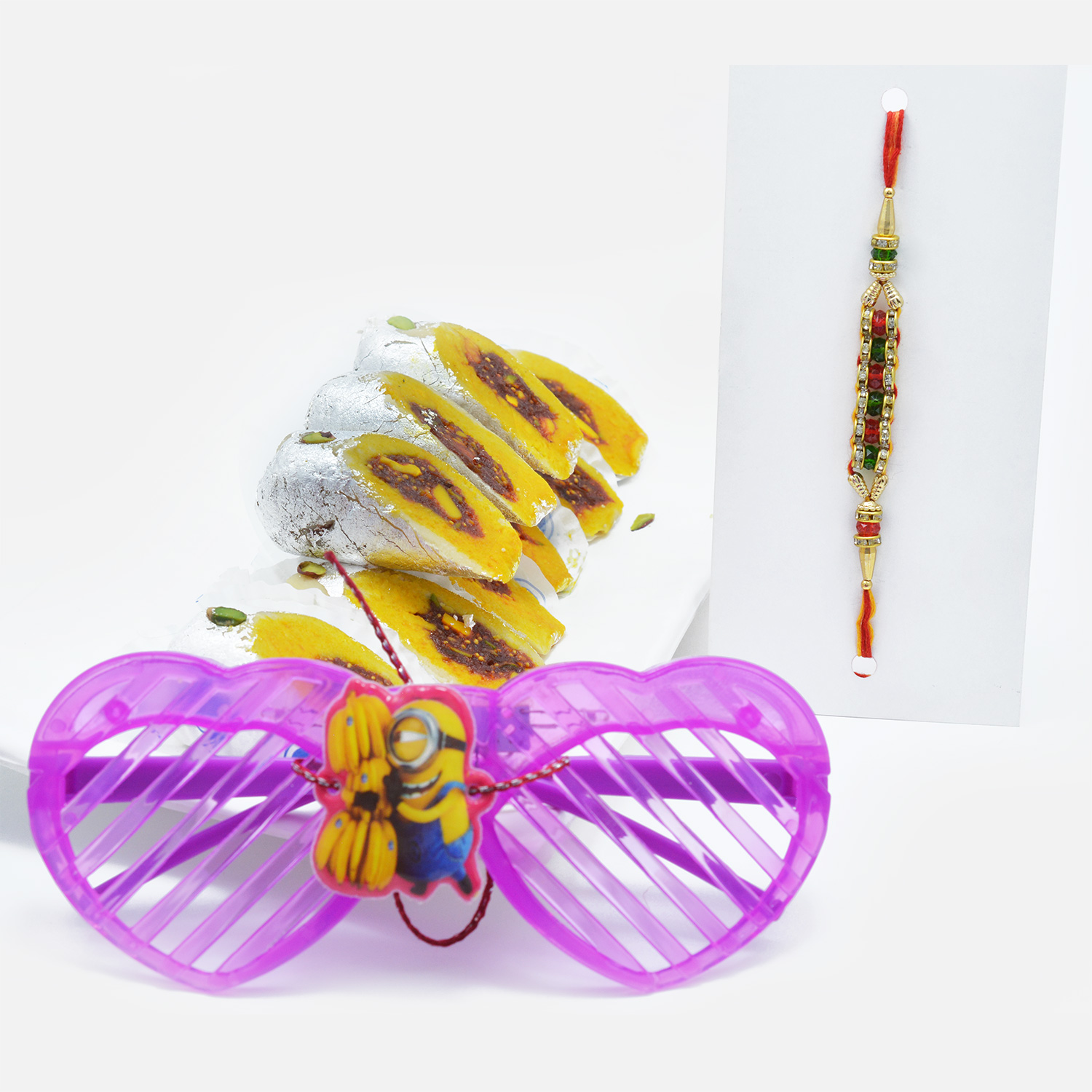 Cute Minion and Colorful Beads Rakhi Set of 2 with Kaju Raj Bahar