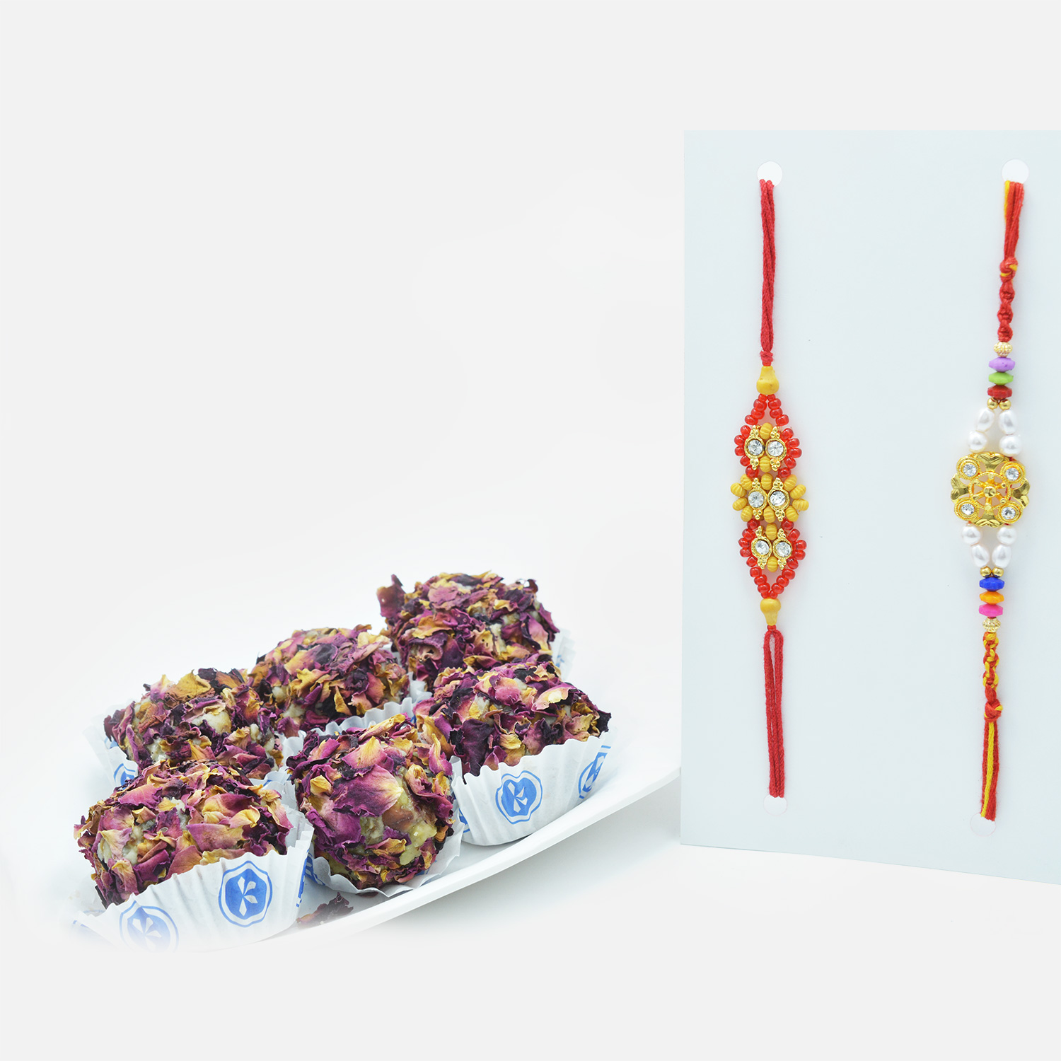 Royal Kaju Rose Laddu with Beads and Pearls Rakhi Set of 2