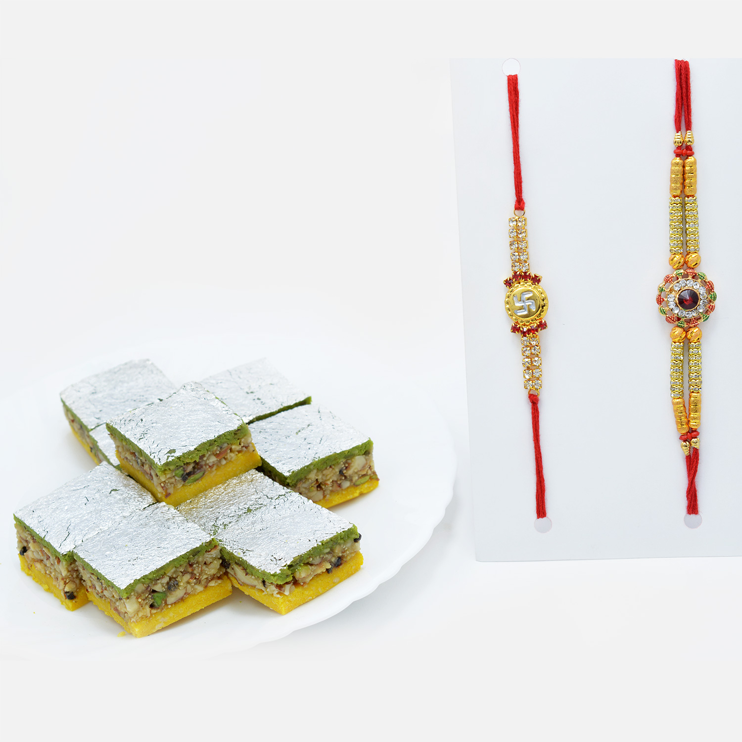 Delicious Pista Badam Barfi with Stunning Rakhi Set of 2 for Brothers