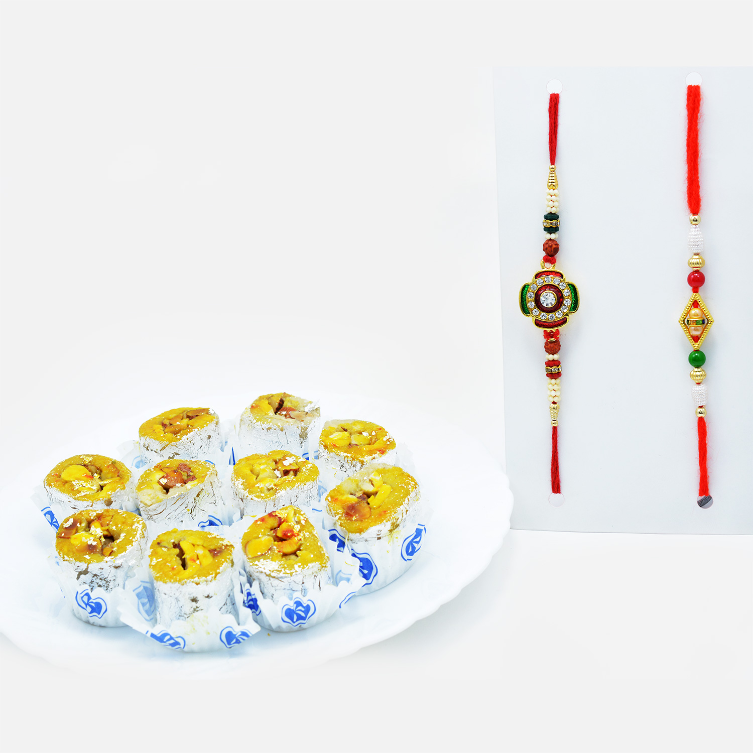 Multi-Colour Rudraksha Rakhi Set with Delicious Kaju Honey Dew
