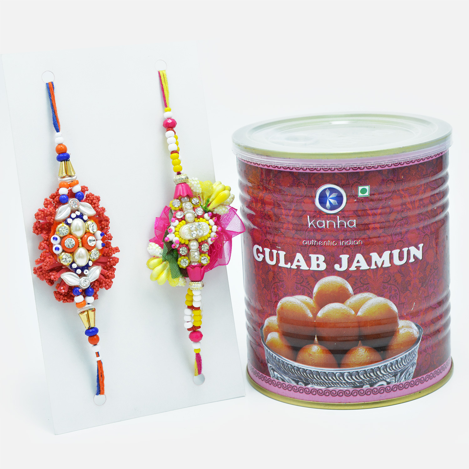 Mouth-Watering Gulab Jamun with Zardozi Floral Rakhi Set of 2