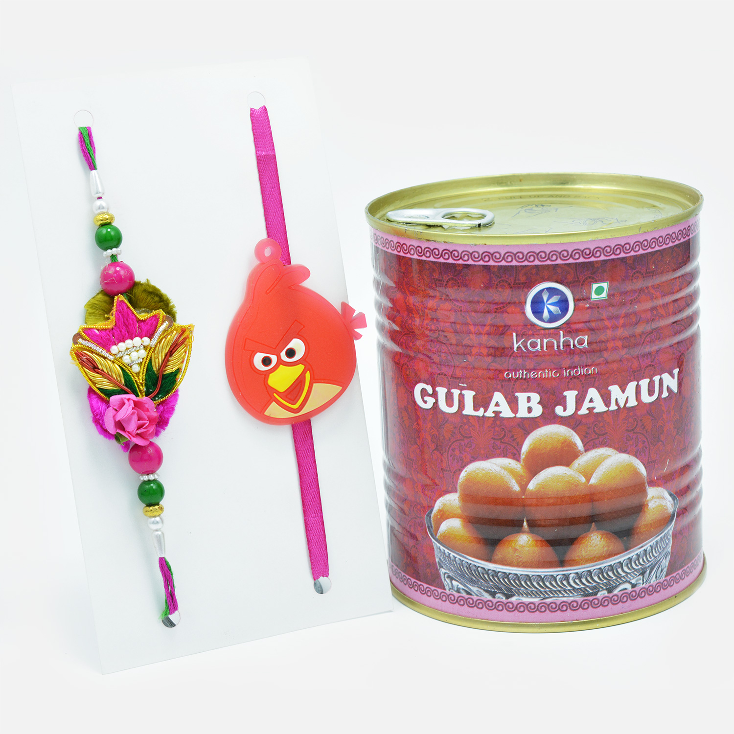 Zardozi and Angry Bird Rakhi Set of 2 with Delicious Kanha Gulab Jamun