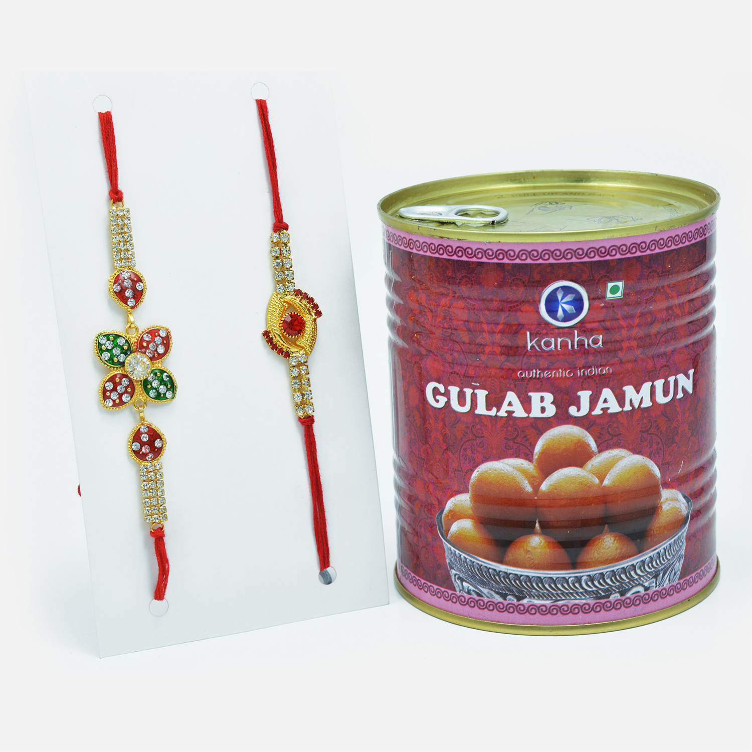 Diamond Studded Colourful Floral Rakhi Set of 2 with Fresh Kanha Gulab Jamun