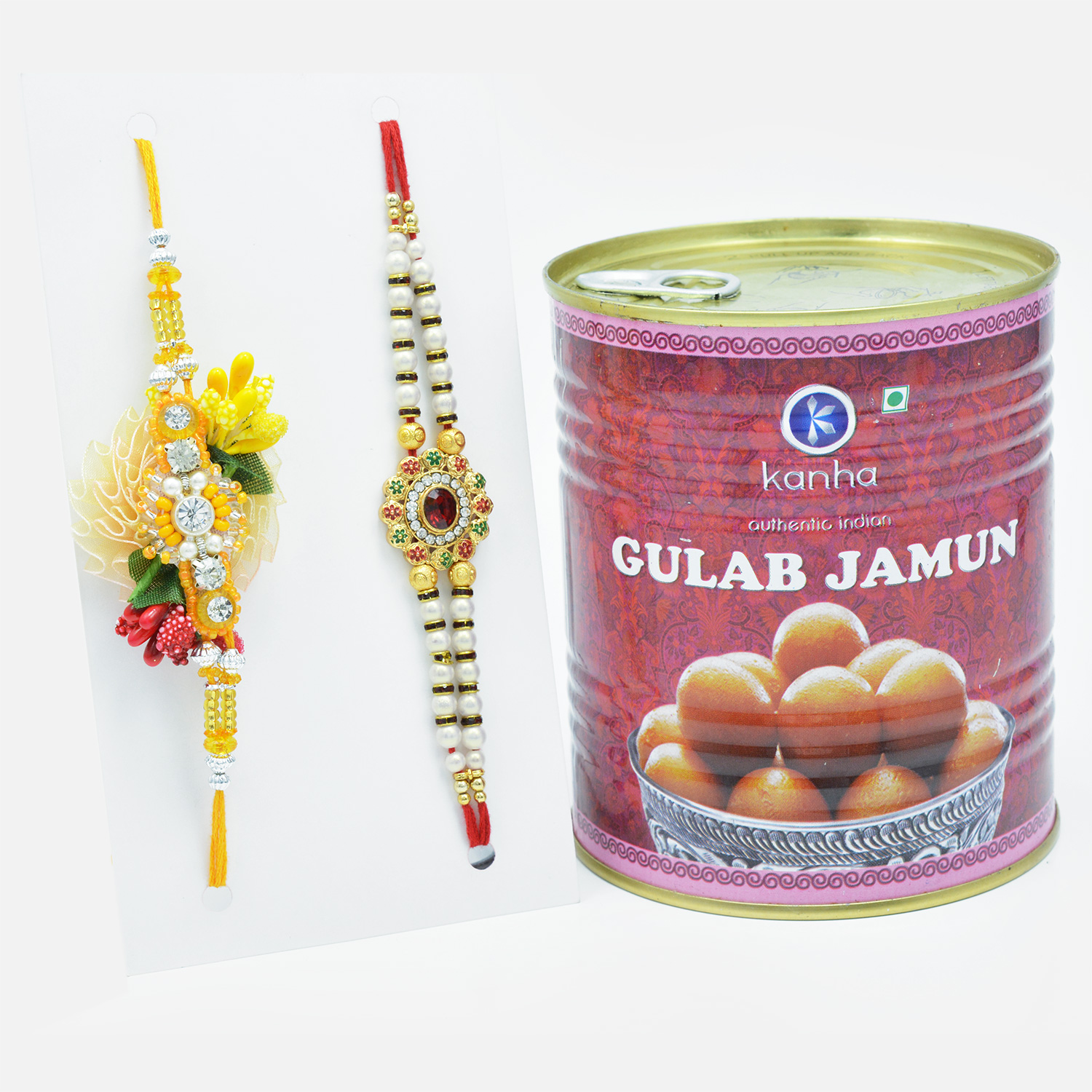 Zardozi Rakhi and Akora Pearls Rakhi Set of 2 with Flavoursome Gulab Jamun