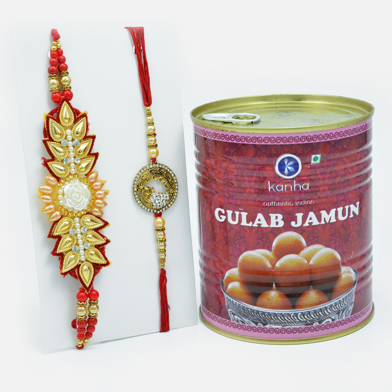 Gold and Diamond Peacock Rakhi and Zardozi Rakhi Set of 2 with Authentic Kanha Gulab Jamun