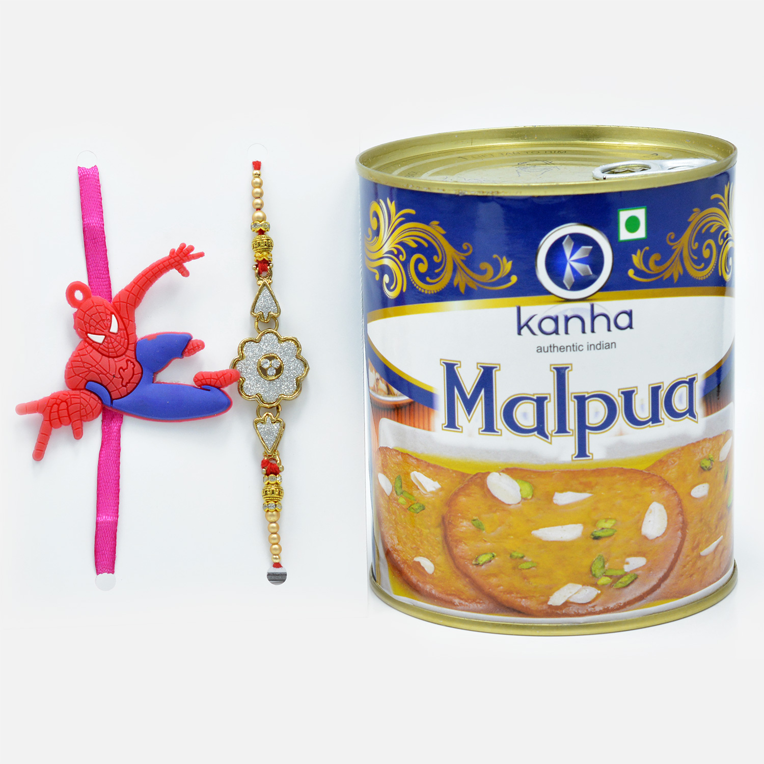 Delicious Kanha Malpua with Spider-Man Kids and AD Worked Rakhi Set of 2