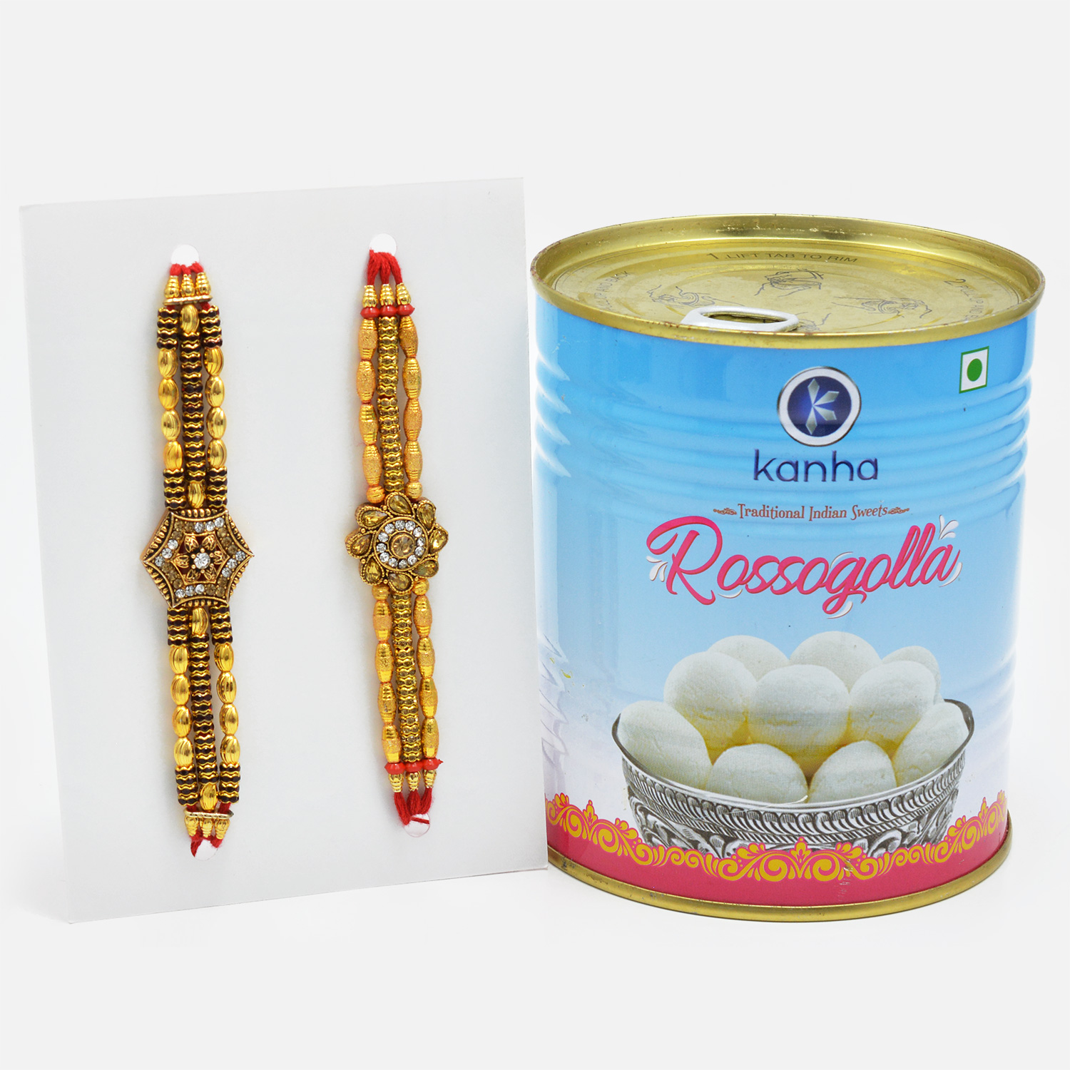 Designer Golden Rakhi Set of 2 with Savory Kanha Rasgulla