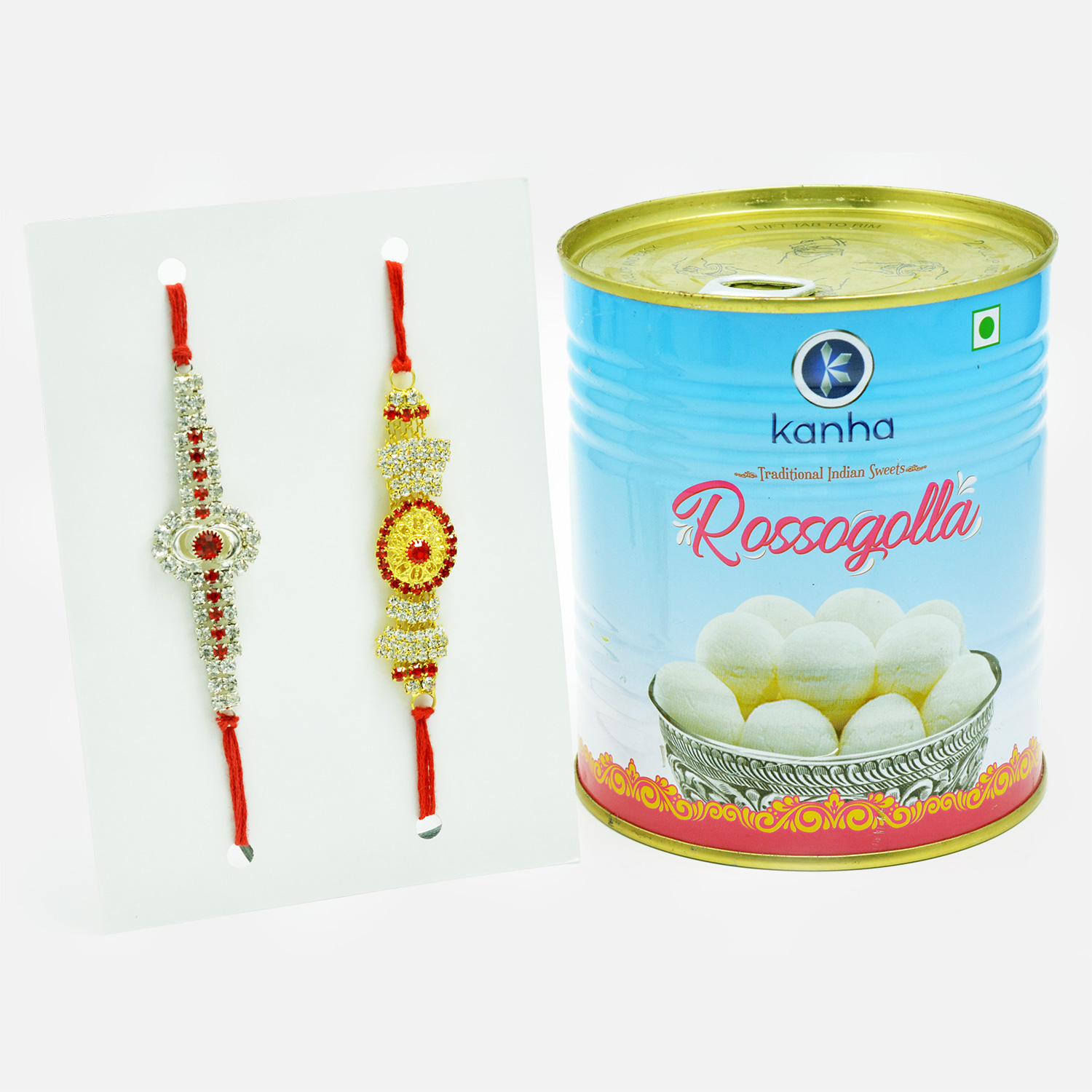 Shiny Diamond Studded Rakhi Set of 2 with Traditional Indian Rasgulla