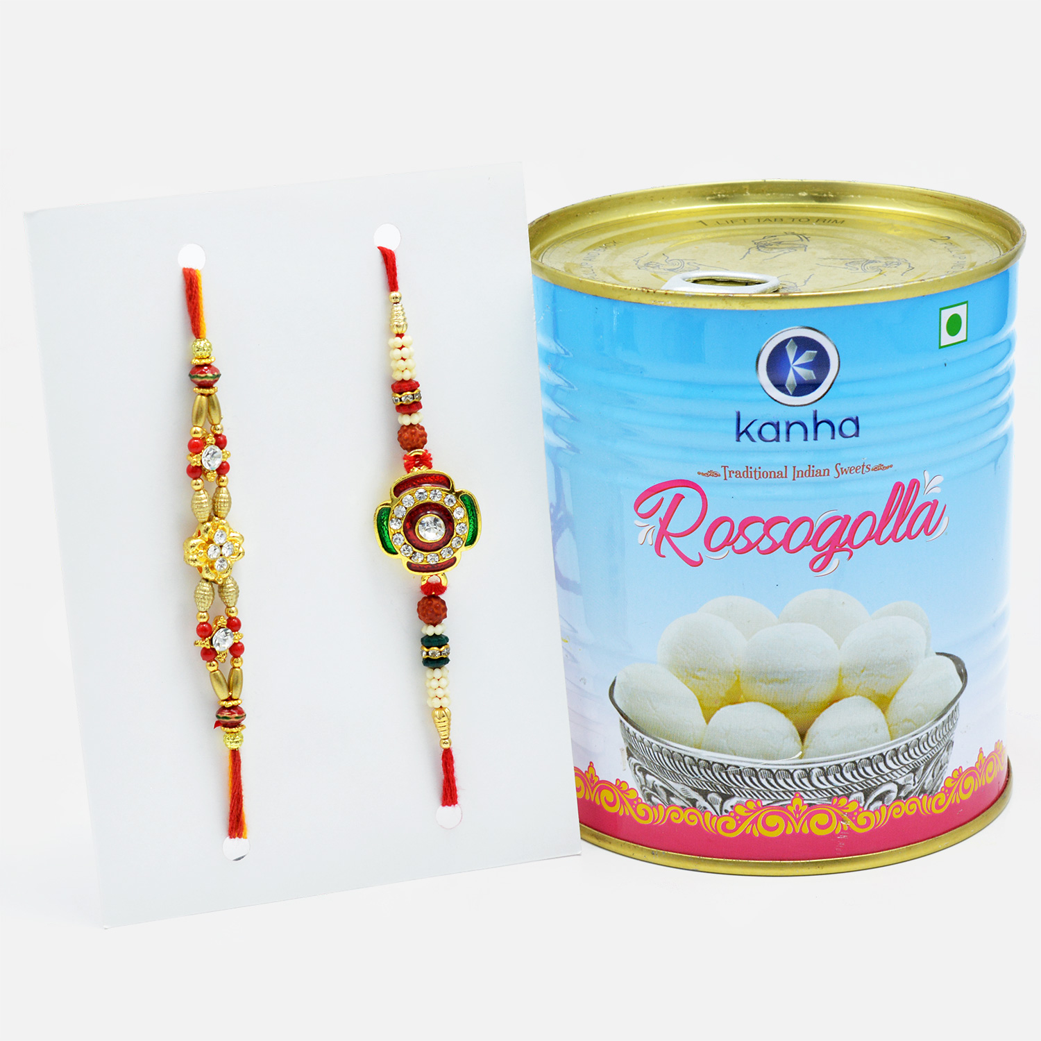 Divine Beads and Rudraksha Rakhi Set of 2 with Heavenly Rasgulla