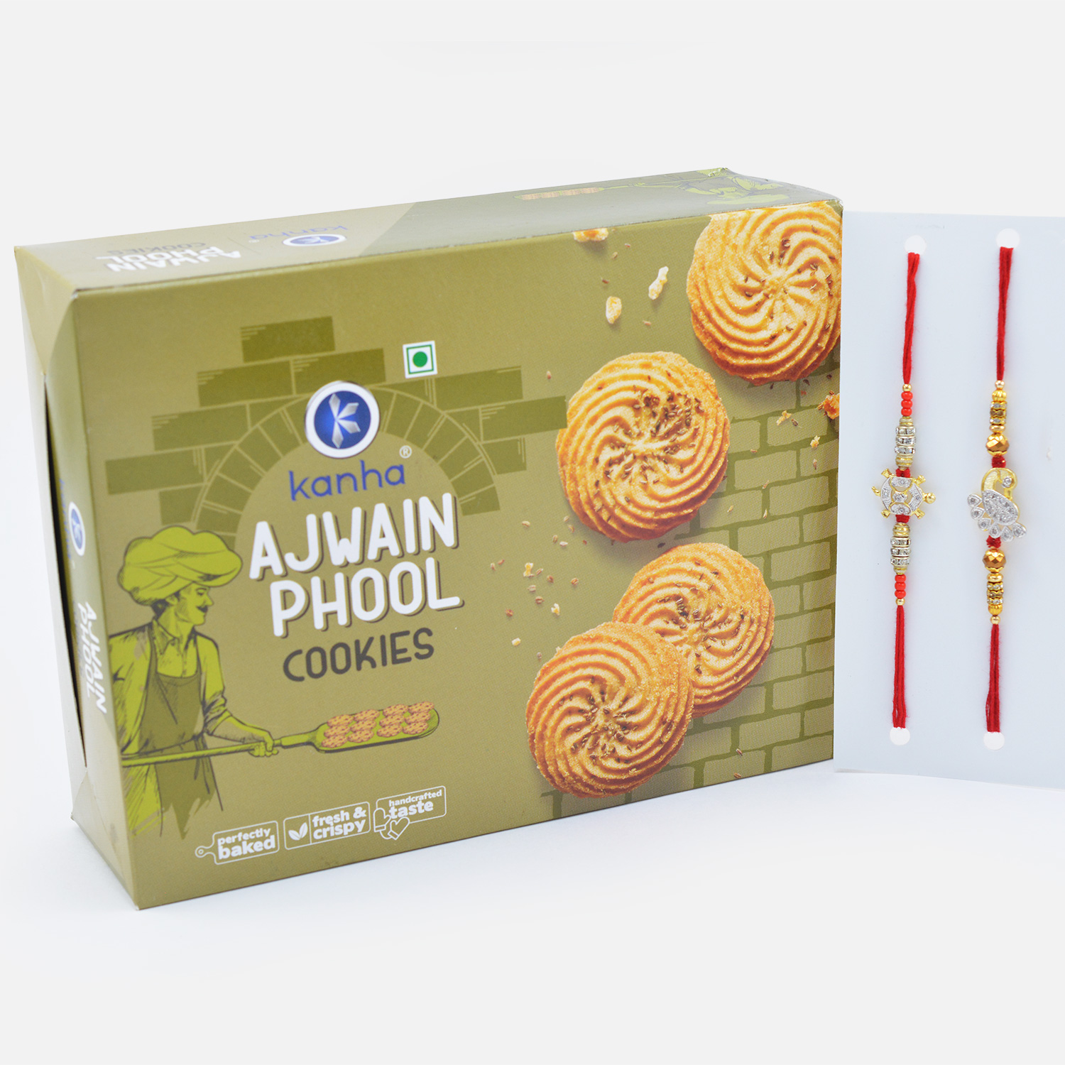 Peacock and Tortoise Design Rakhis for Brothers with Ajwain Phool Cookies