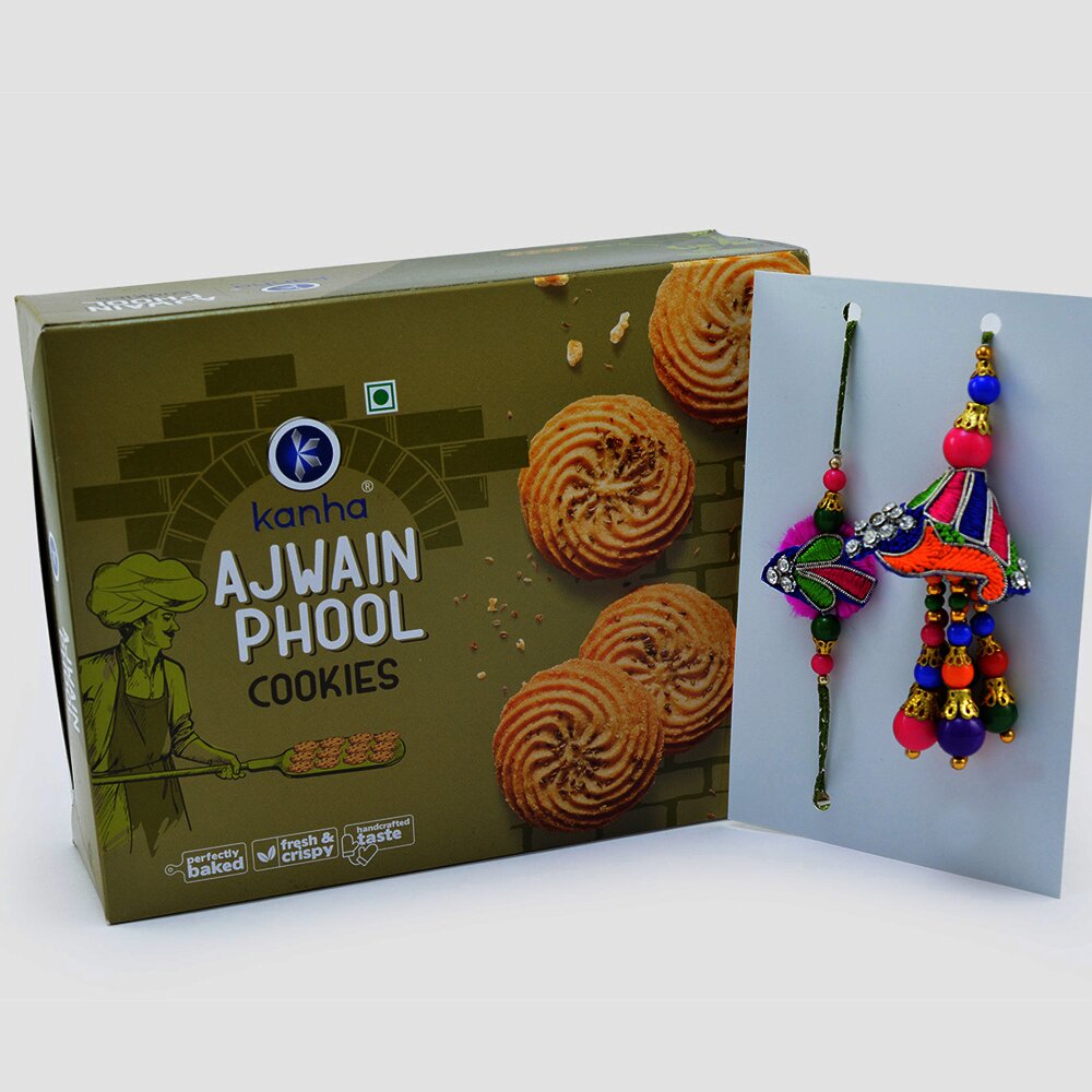 Ajwain Phool Cookies with Zardosi Work Designer Bhaiya Bhabhi Rakhis