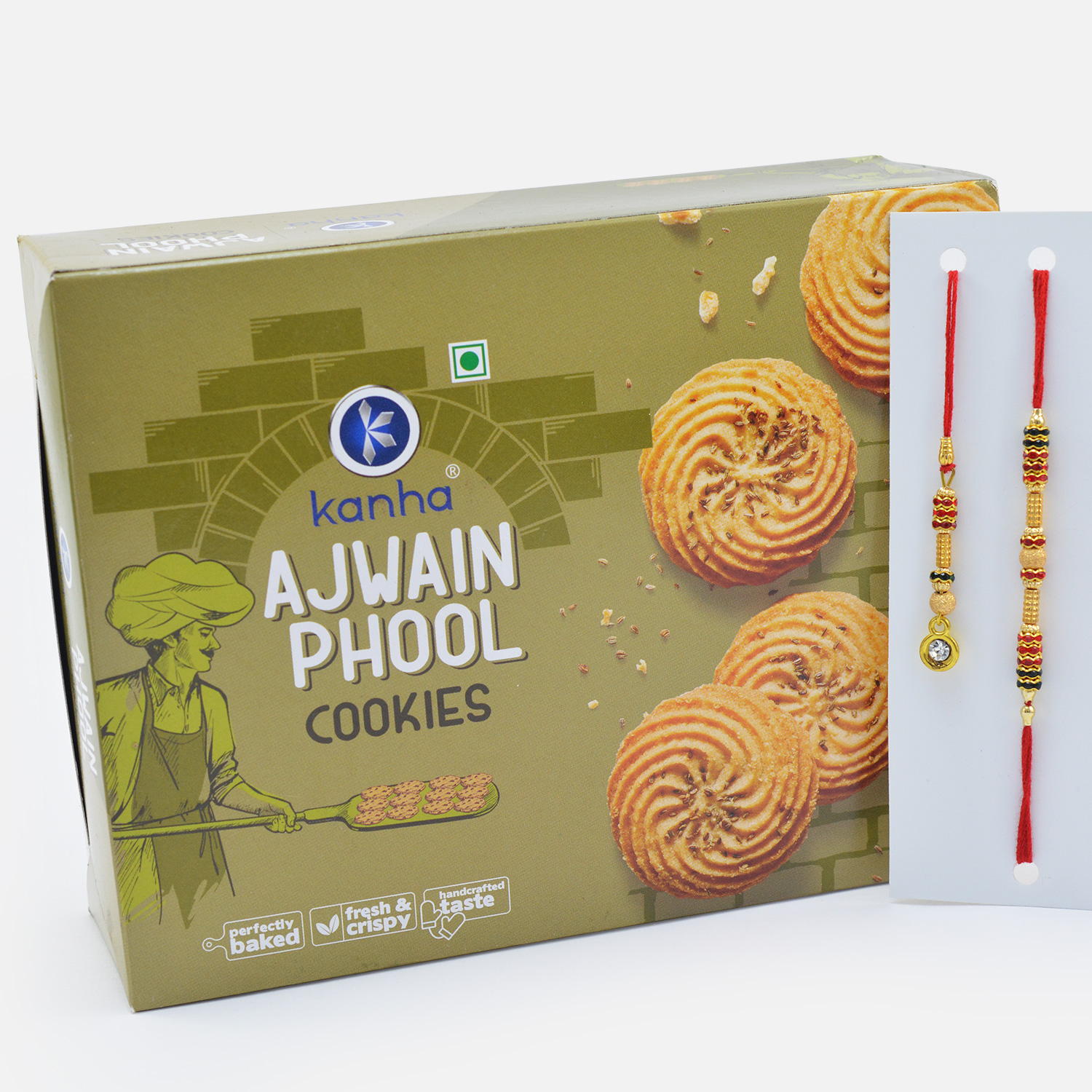 Golden Color Bhaiya Bhabhi Rakhi Pair with Kanha Brand Ajwain Phool Cookies