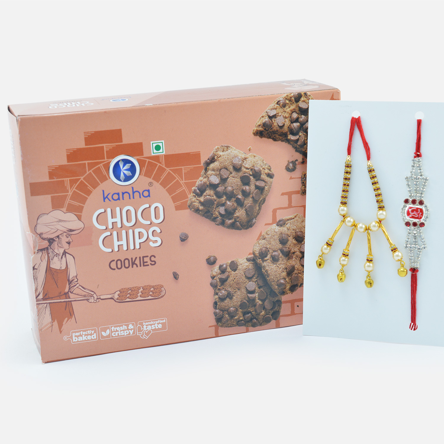 Om Jewel Rakhi for Brother with Beaded Lumba Rakhi and Choco Chips Branded Cookies