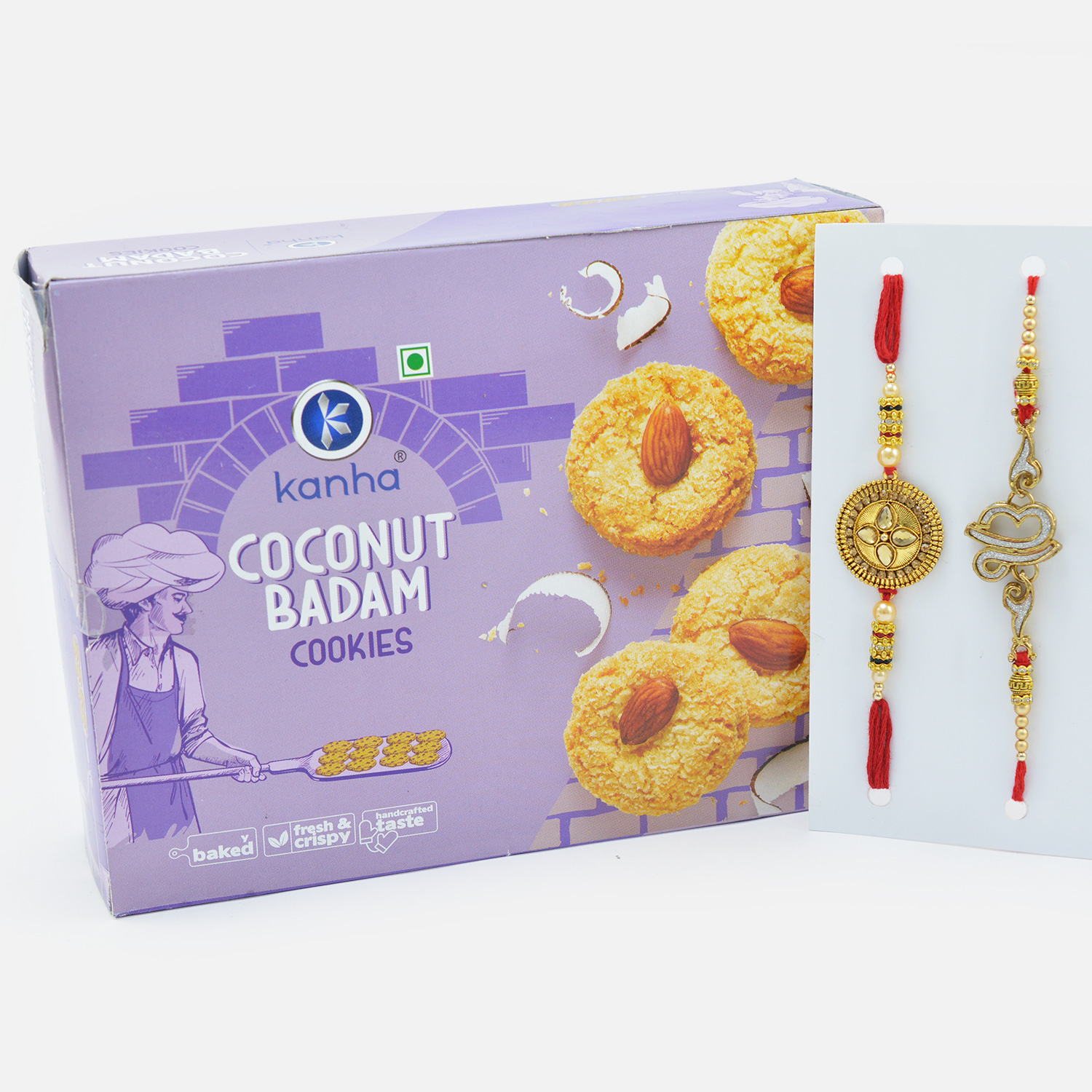 Coconut Badam Cookies By Kanha with Golden Designer Rakhi and Ik Onkar Sikh Rakhi