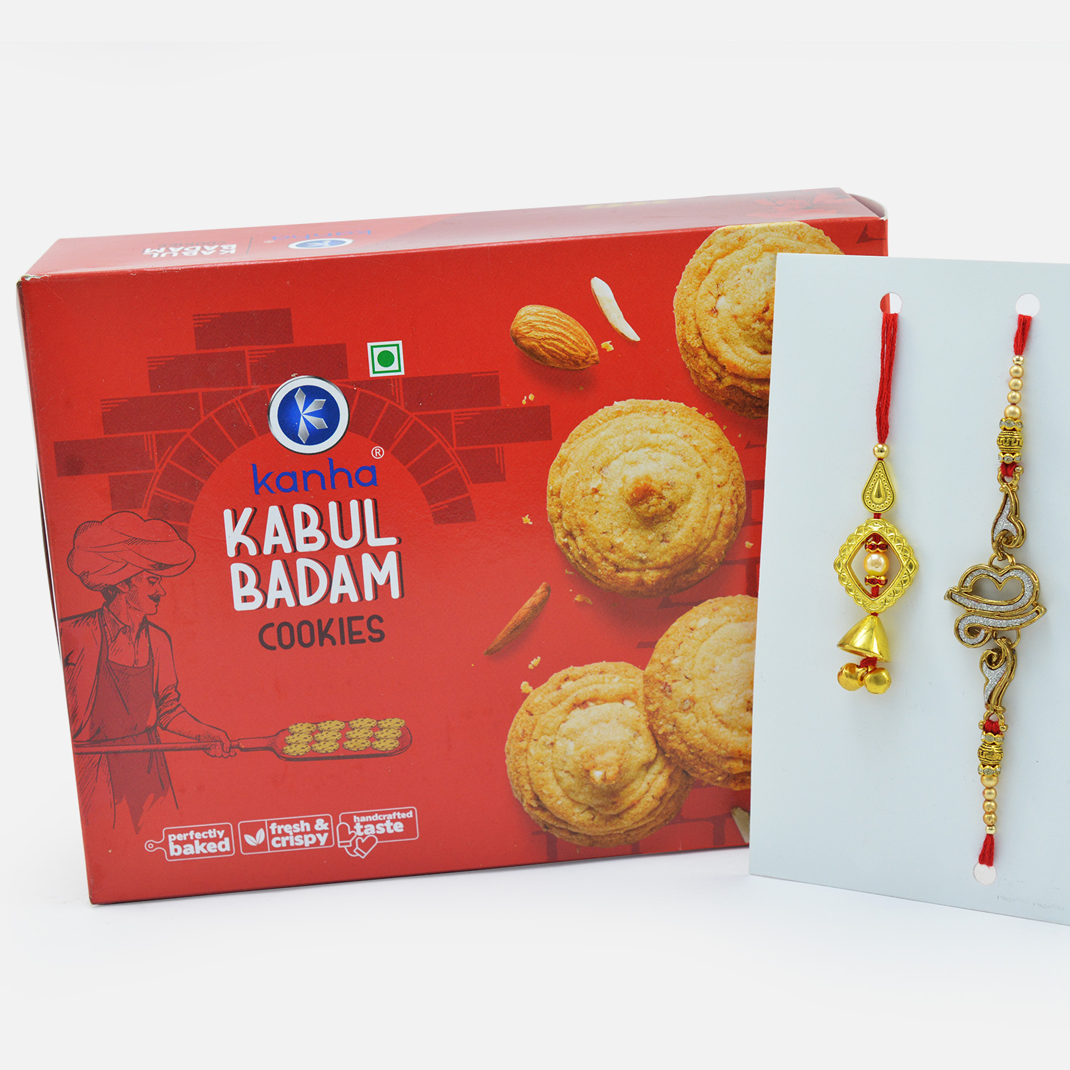 Kanha Kabul Badam Cookies with Ik Onkar Rakhi and Golden Color Bhabhi Rakhi