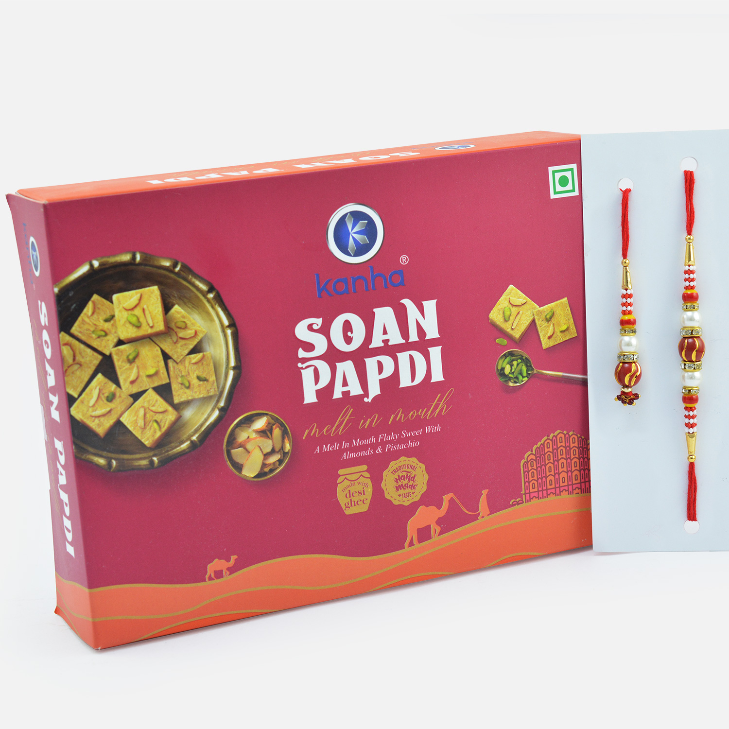Tasty Soan Papdi Sweet with Beaded Bhaiya Bhabhi Rakhis Hamper