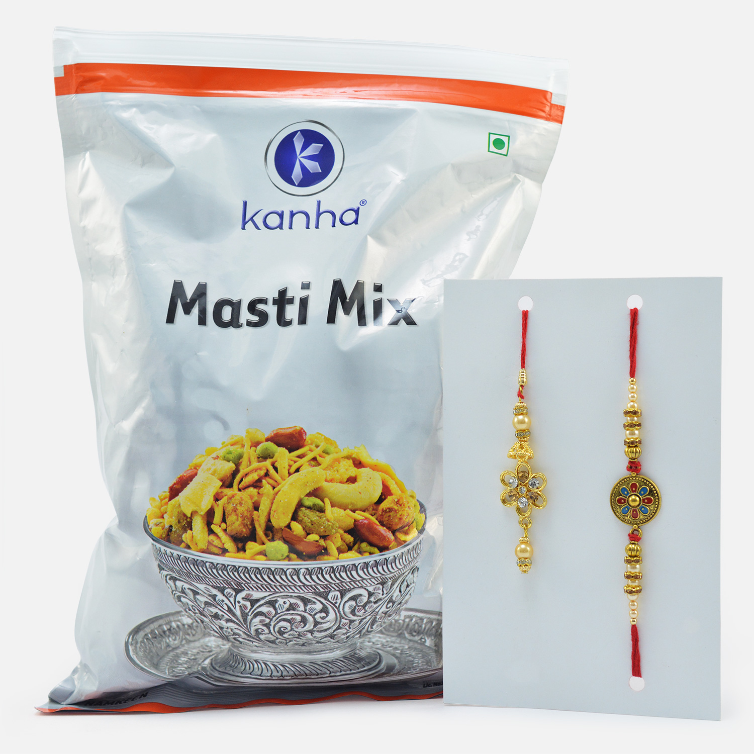 Bhaiya Bhabhi Rakhi Set with Kanha Branded Tasty Masti Mixture Namkeen