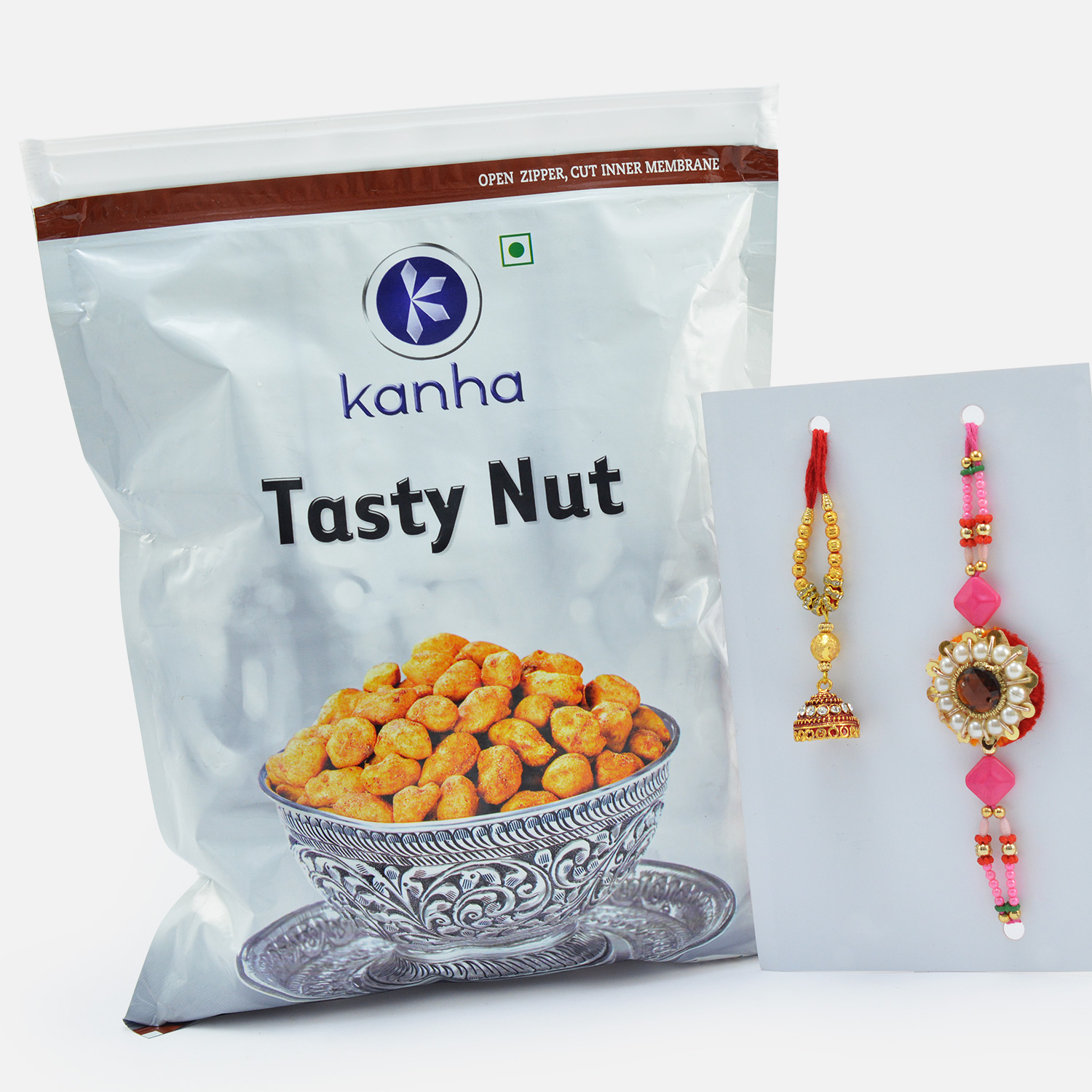 Kanha Tasty Nut with Pink Beaded Bhai Rakhi and Meena Work Lumba Rakhi