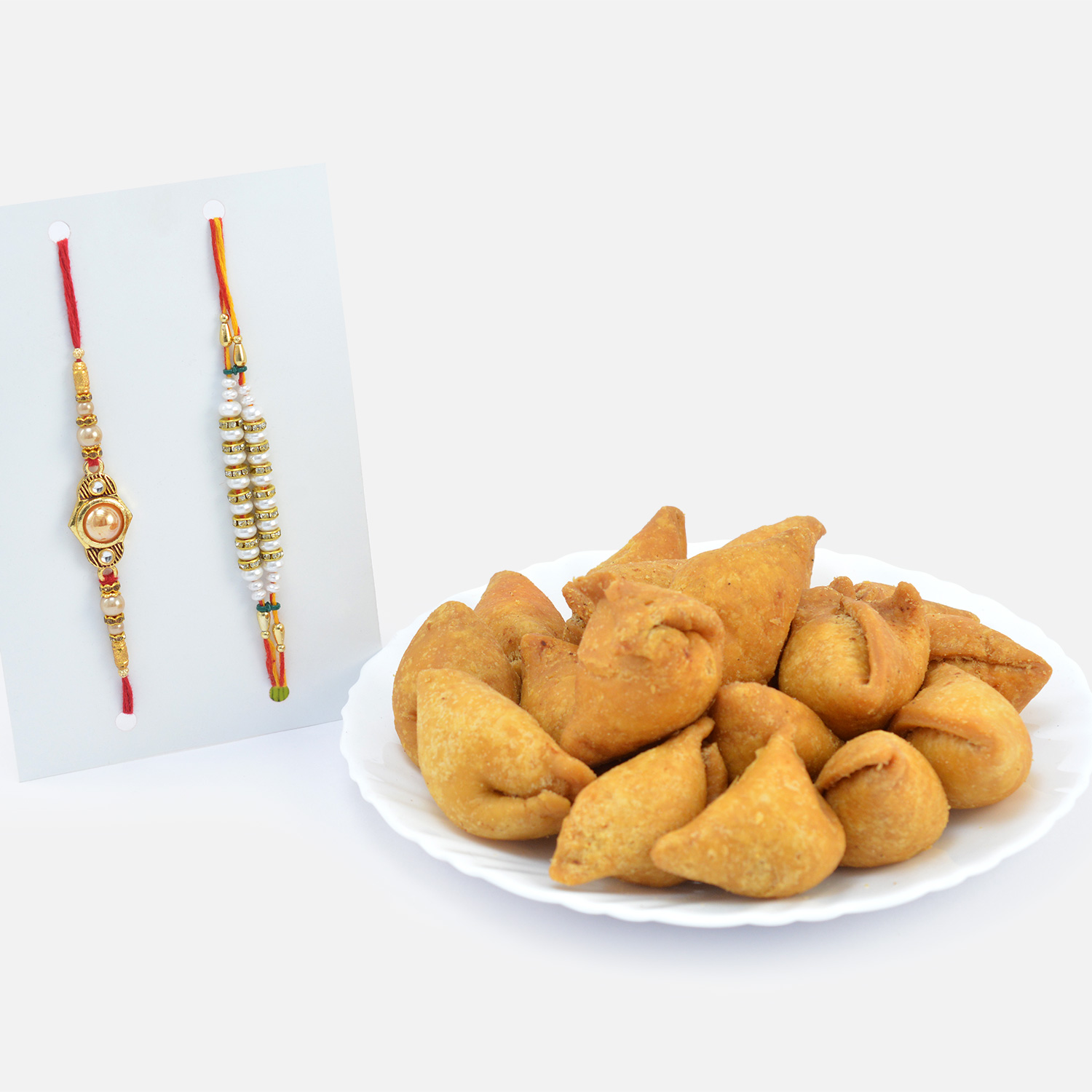 Pearl Studded and White Beads Rakhis for Brother with Amazing Delicious Sweet Small Samose