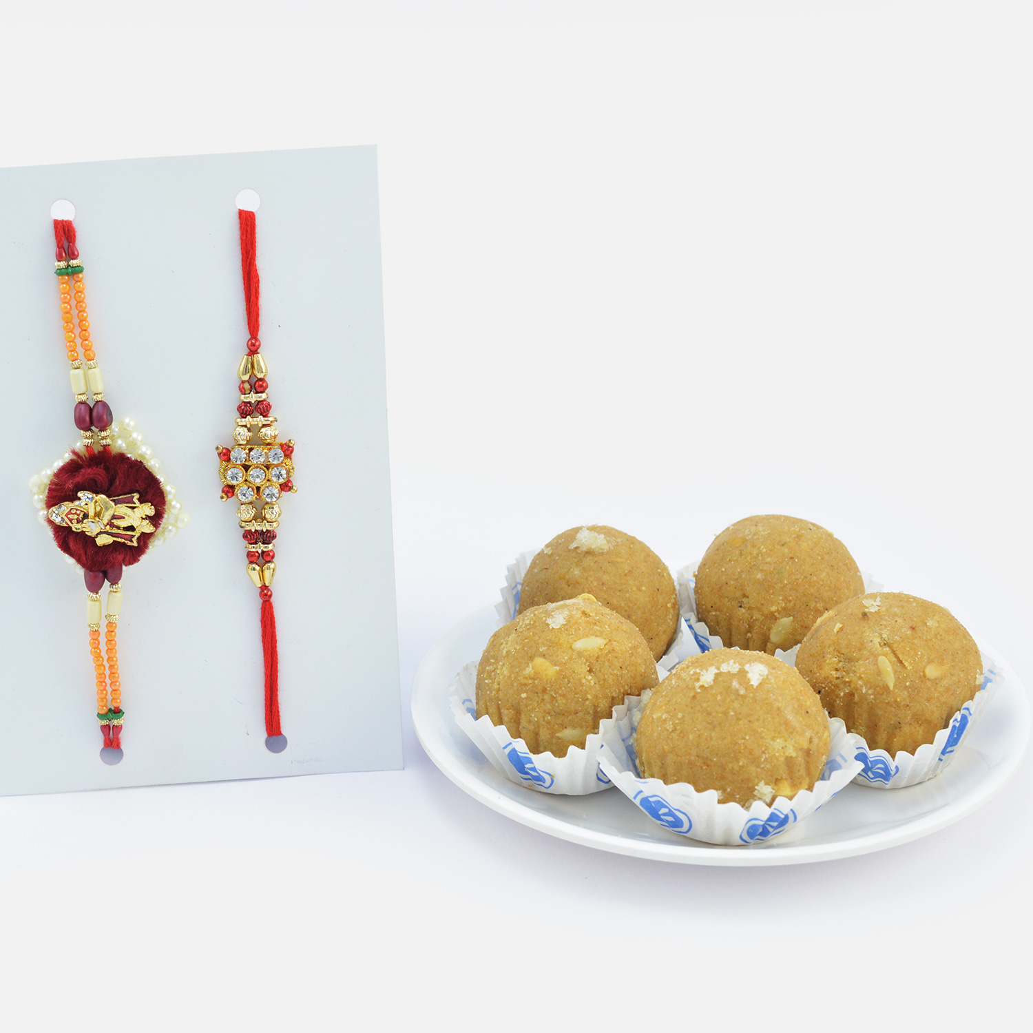 Shri Krishna Auspicious Rakhi and Jewel Brother Rakhi with Branded Tasty Besan Ke Laddu