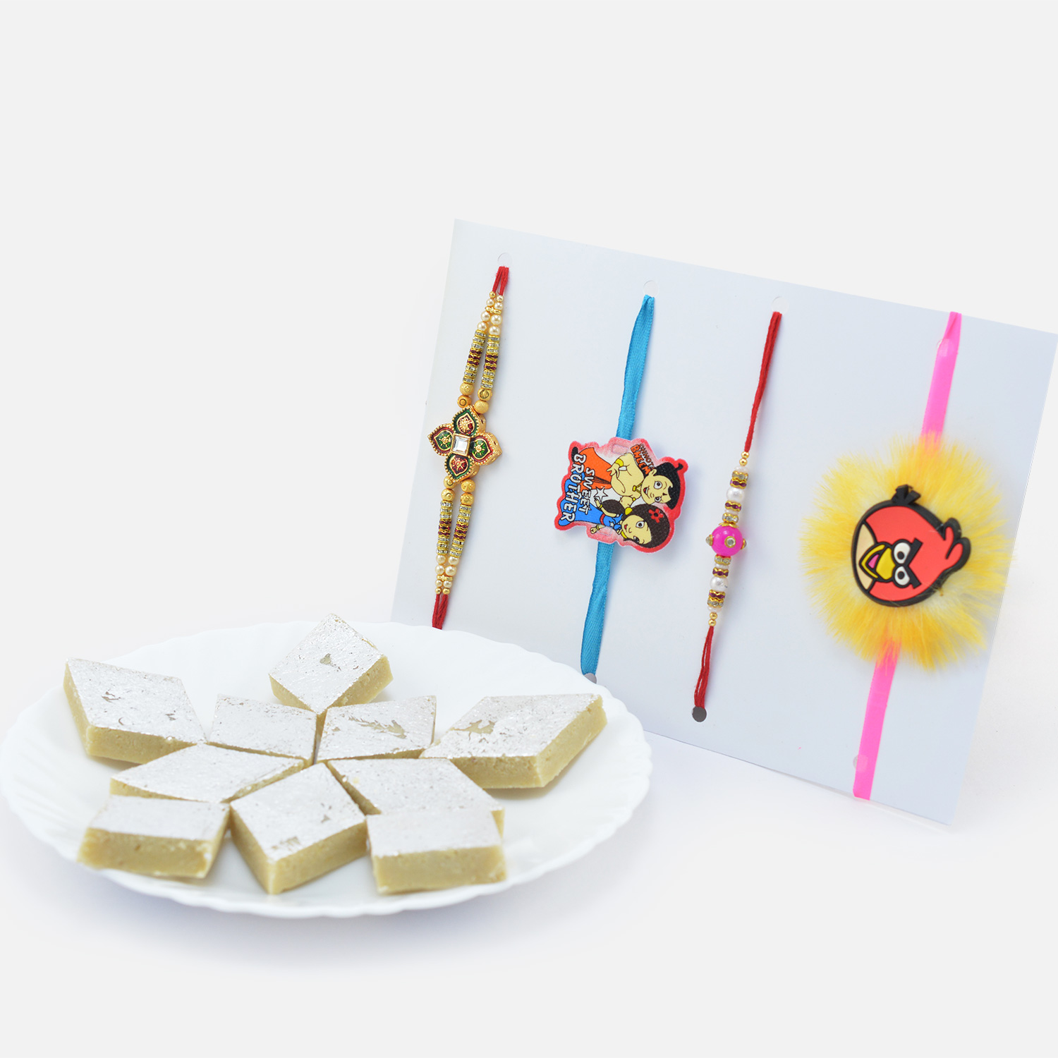 Amazing Looking 2 Rakhis for Brother and 2 For Kids with Mouth Watering Sweet of Kaju Katli