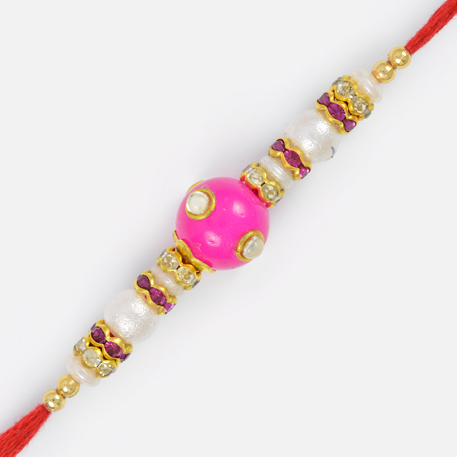 Awesome Central Pink Ball and White Pearl Rakhi Thread