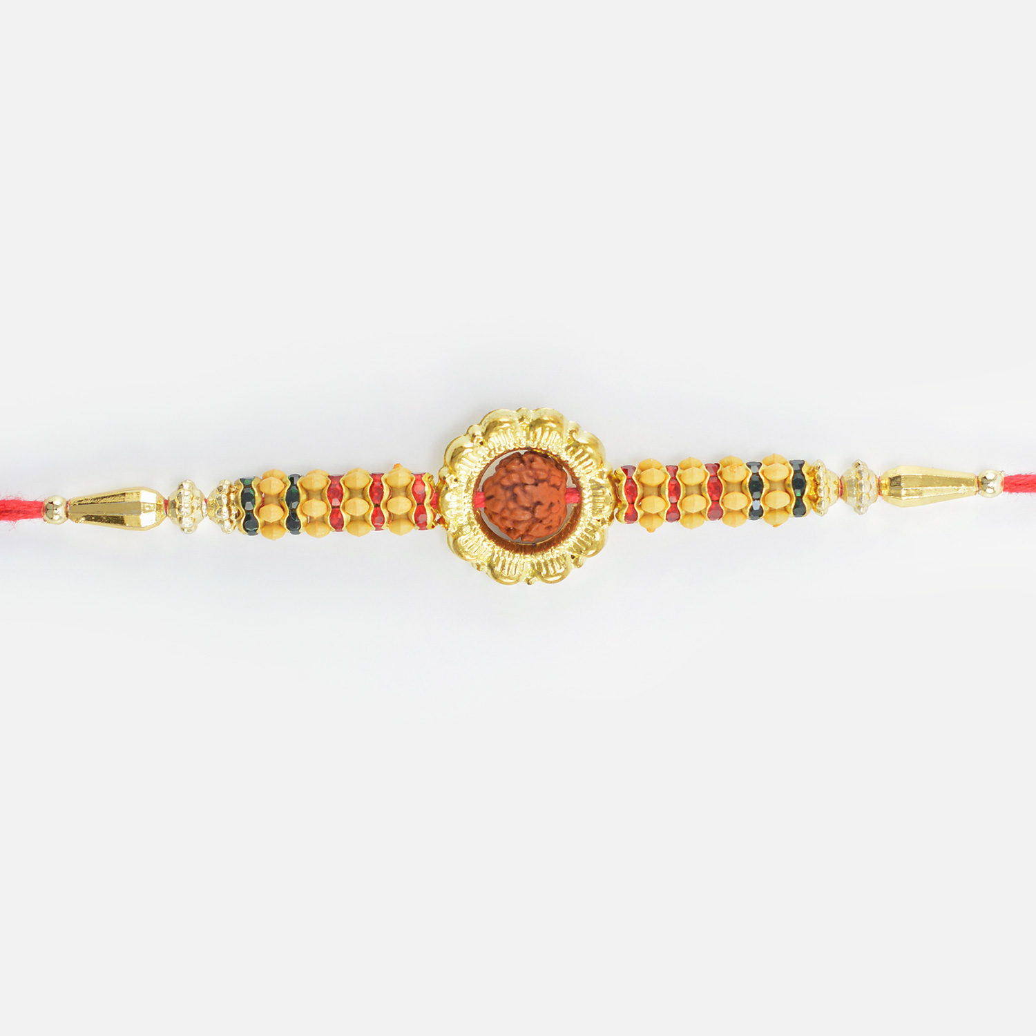 Rudraksha in Mid of Golden Ring Shape Amazing Thread Rakhi