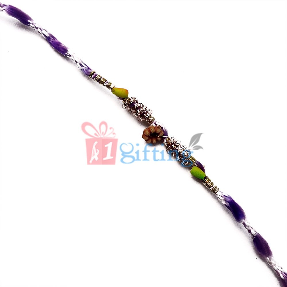 Shining Zardosi, Multi Shape and Color Beads with Blue Dappled Rakhi Thread