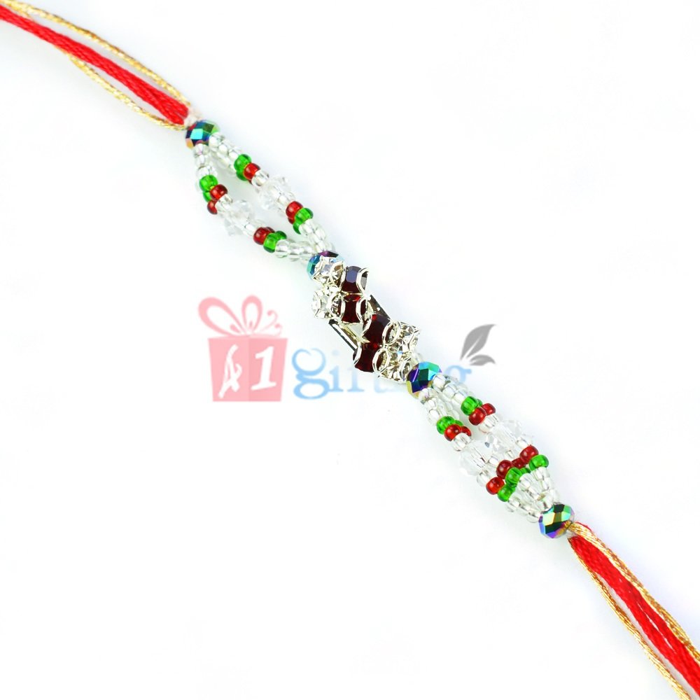 Exclusive Golden Beads Silver Diamond Ring Rakhi for Brother