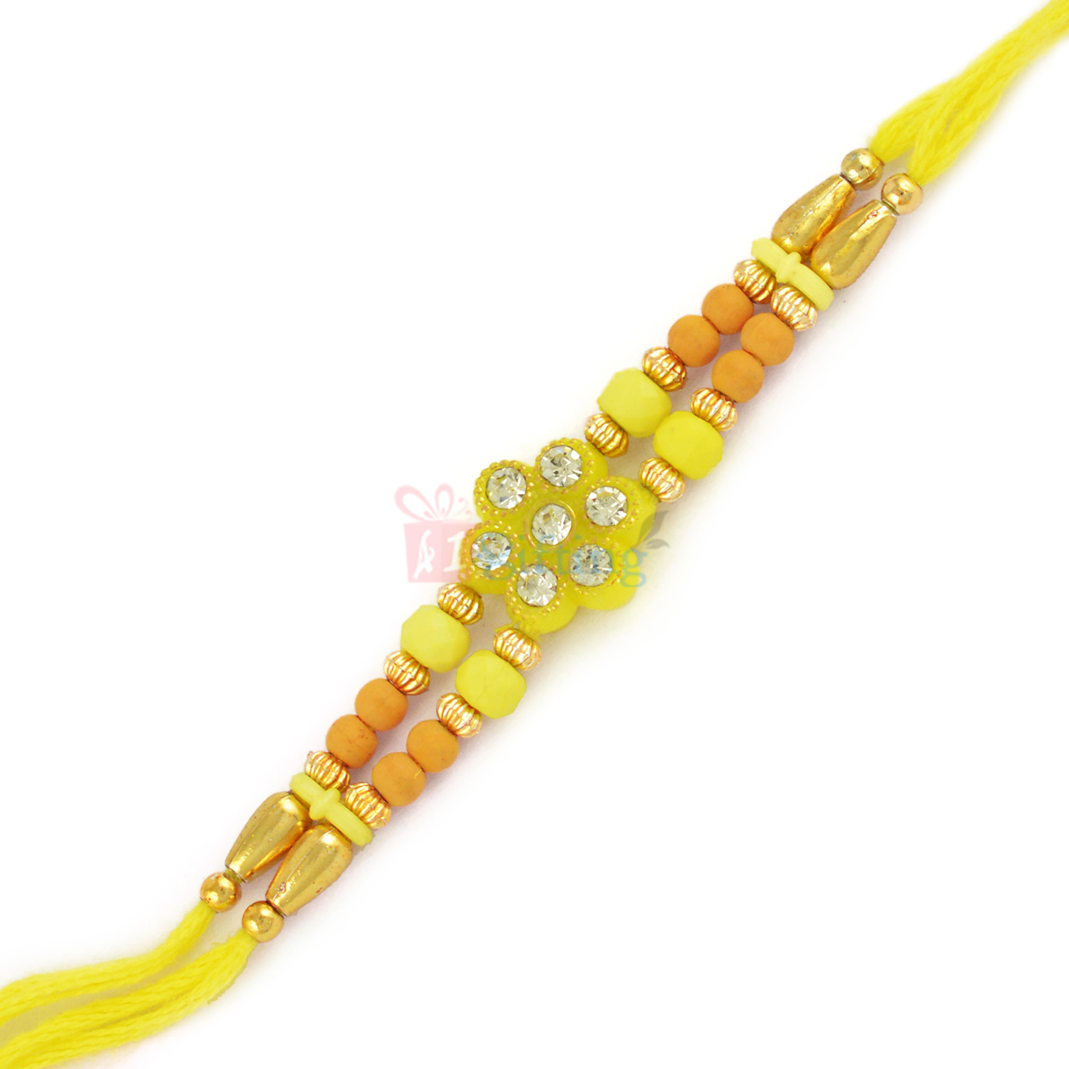 Yellow Based Jewel Flower Beads and Thread Rakhi