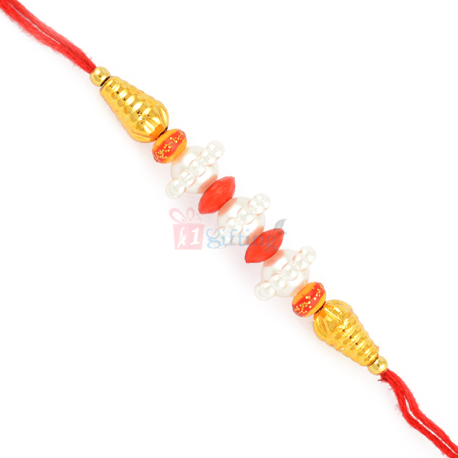 Golden and Wooden Beads with Designer Pearl Thread Rakhi