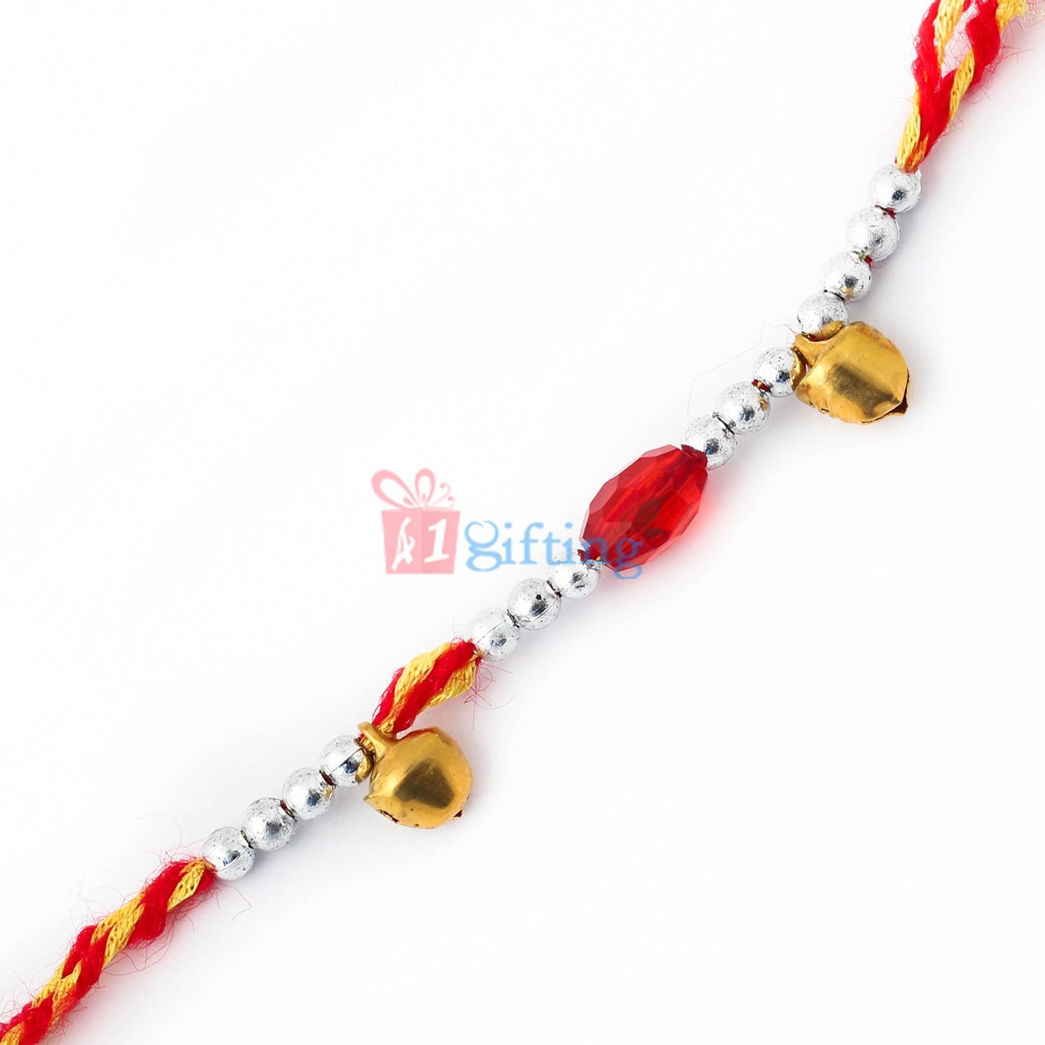Dazzled mauli Rakhi with ghunghroo and red beads