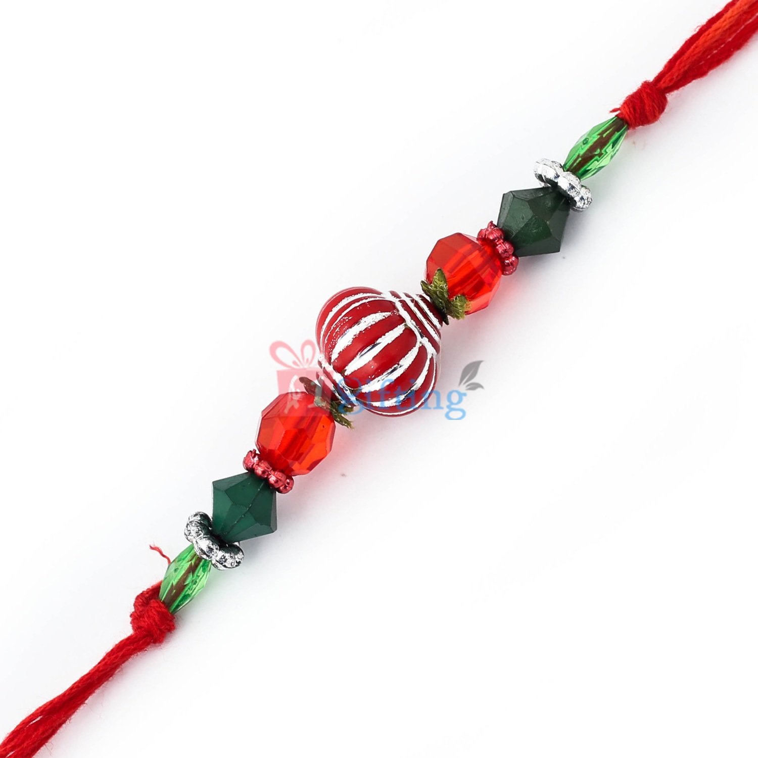 Pure rosy red green crystal and beads with thread Rakhi