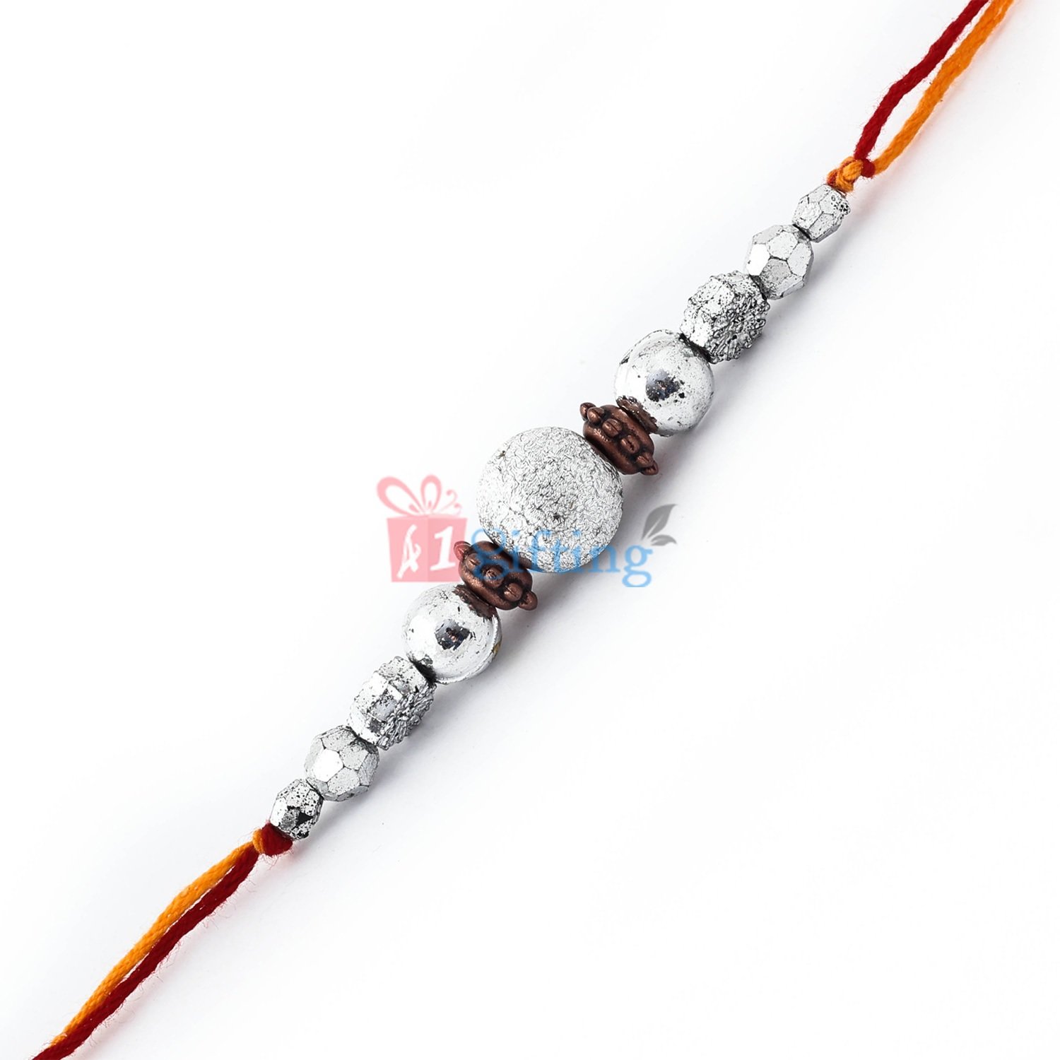 Modern look of pearl Rakhi with silver beads